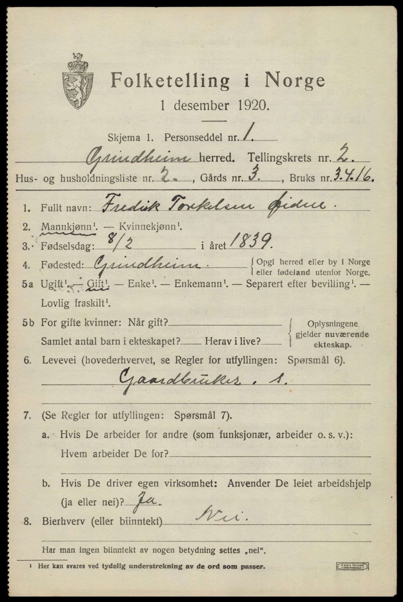 SAK, 1920 census for Grindheim, 1920, p. 567