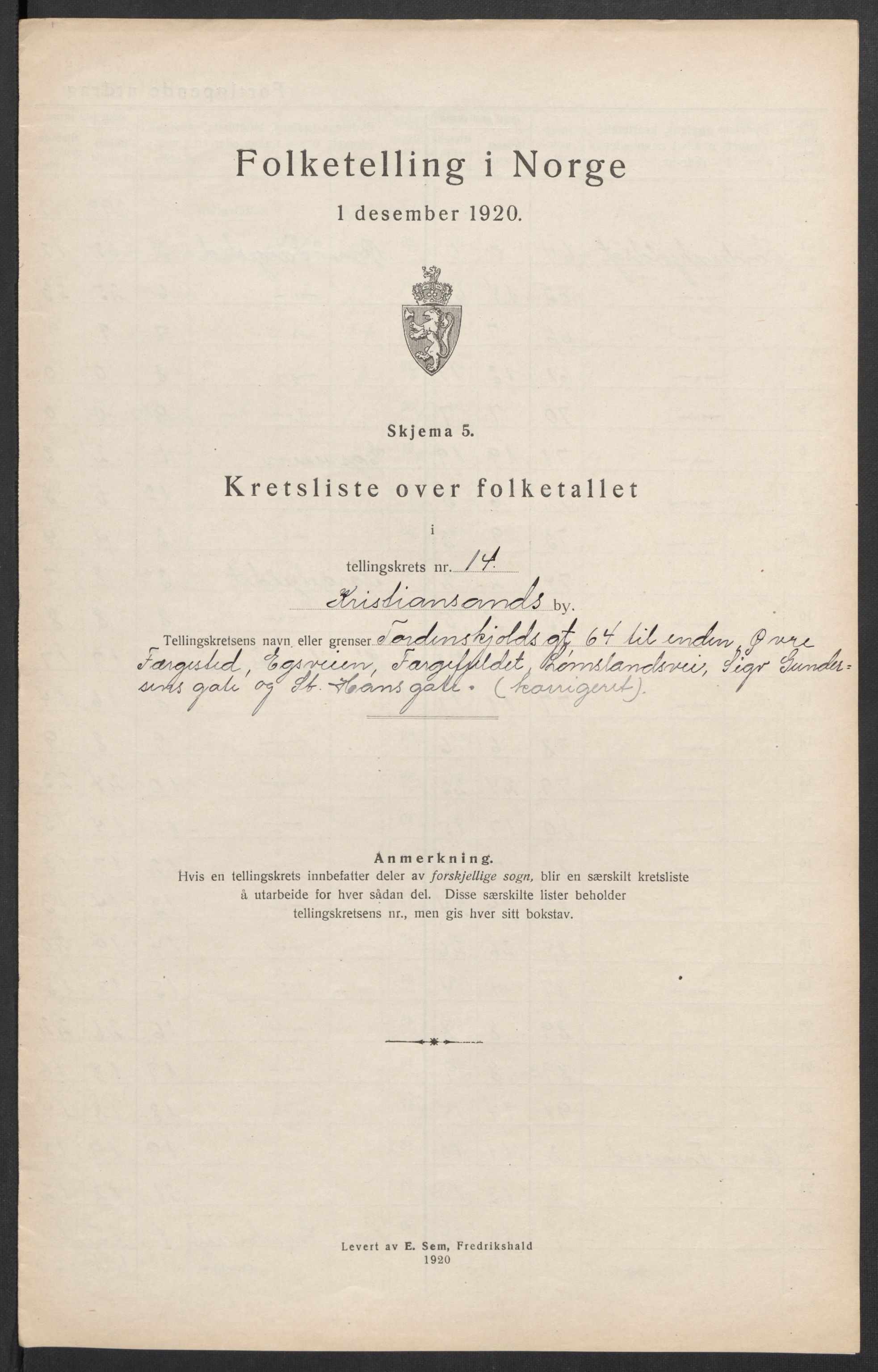 SAK, 1920 census for Kristiansand, 1920, p. 128