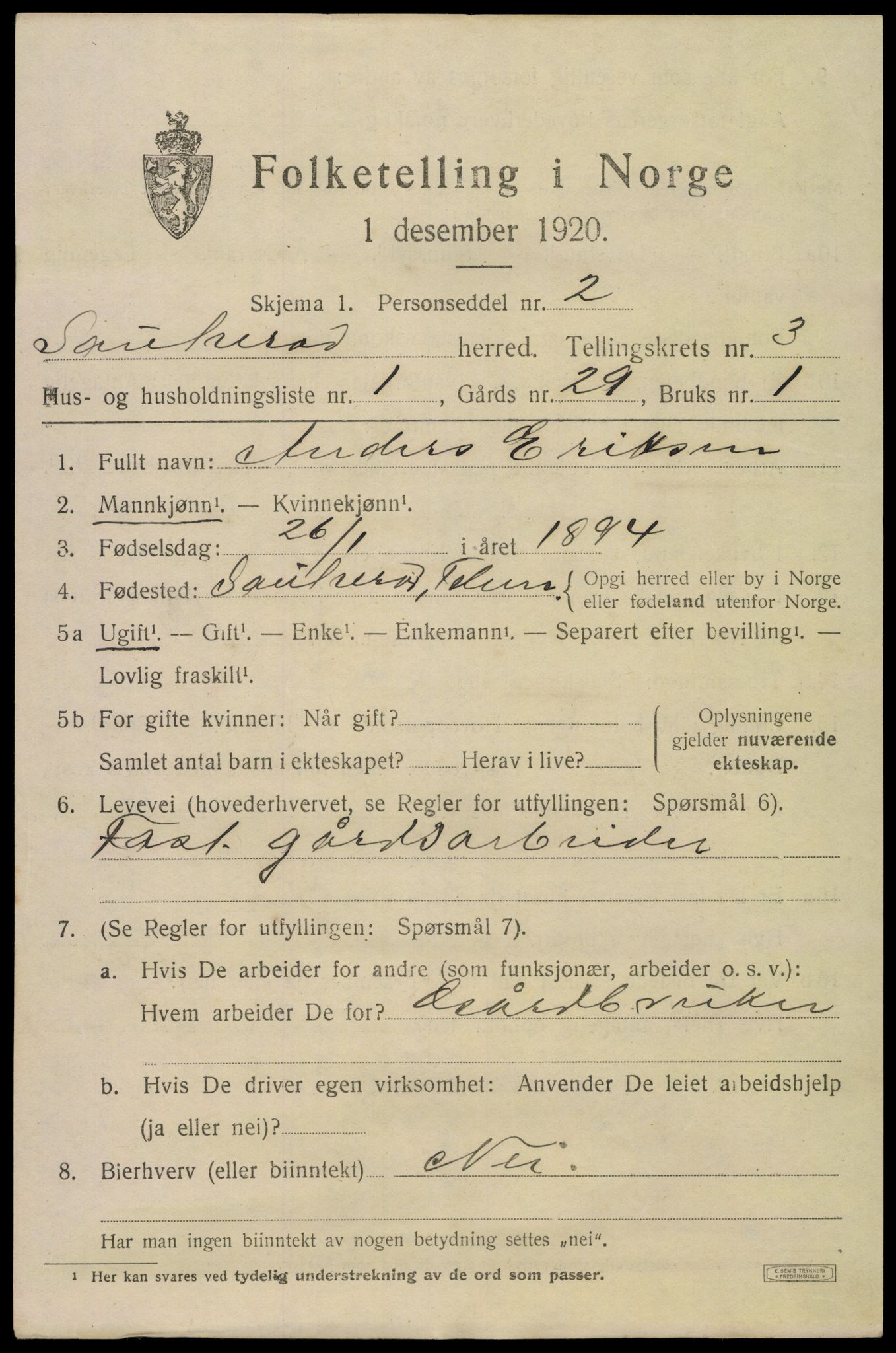 SAKO, 1920 census for Sauherad, 1920, p. 2877