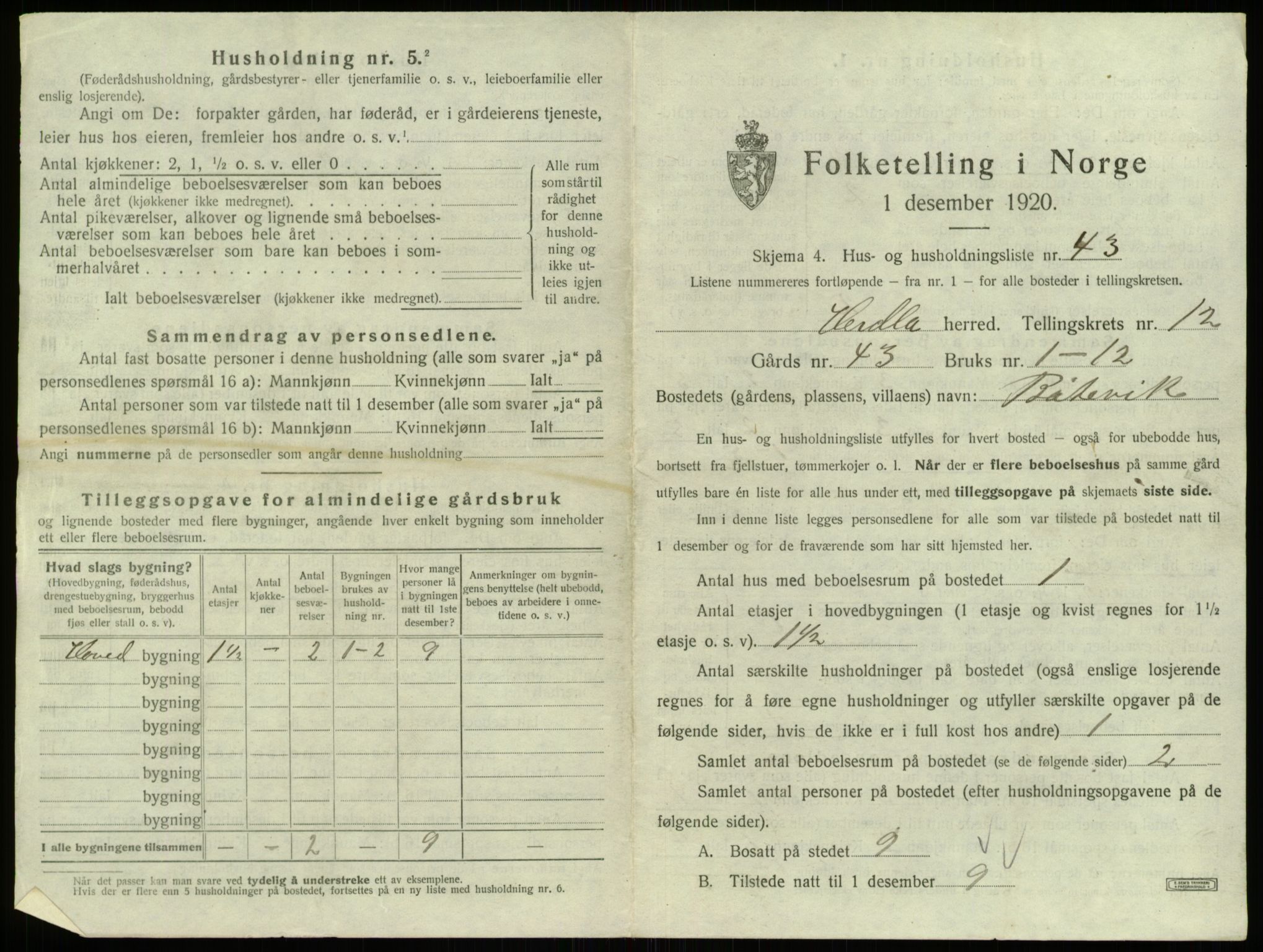 SAB, 1920 census for Herdla, 1920, p. 1177