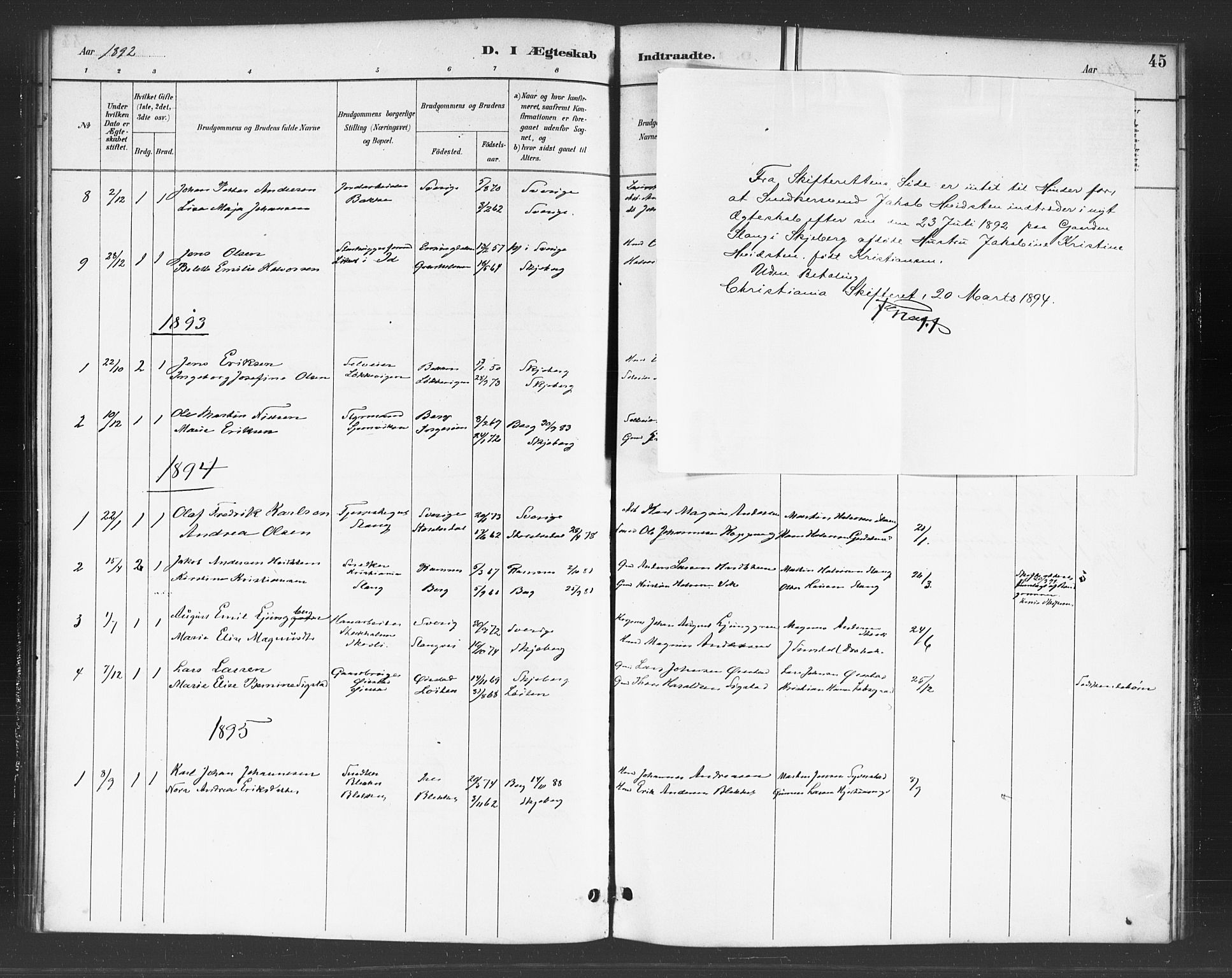 Skjeberg prestekontor Kirkebøker, SAO/A-10923/F/Fc/L0001: Parish register (official) no. III 1, 1886-1897, p. 45