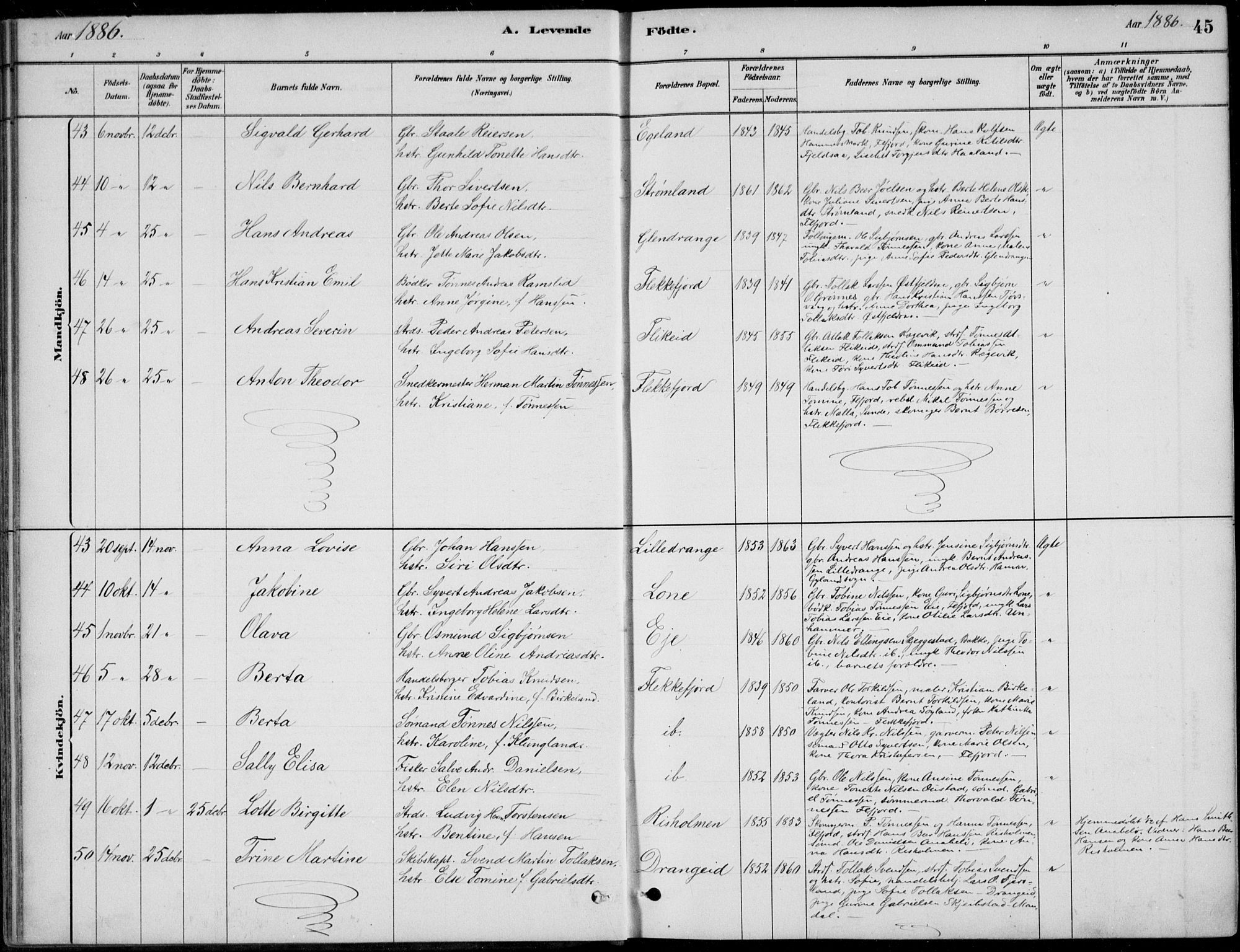 Flekkefjord sokneprestkontor, SAK/1111-0012/F/Fb/Fbc/L0007: Parish register (copy) no. B 7, 1880-1902, p. 45