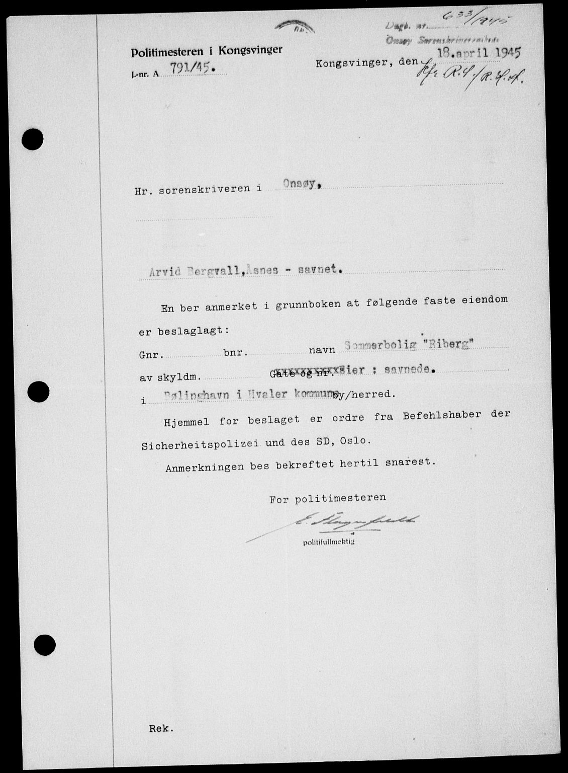 Onsøy sorenskriveri, SAO/A-10474/G/Ga/Gab/L0014: Mortgage book no. II A-14, 1944-1945, Diary no: : 633/1945