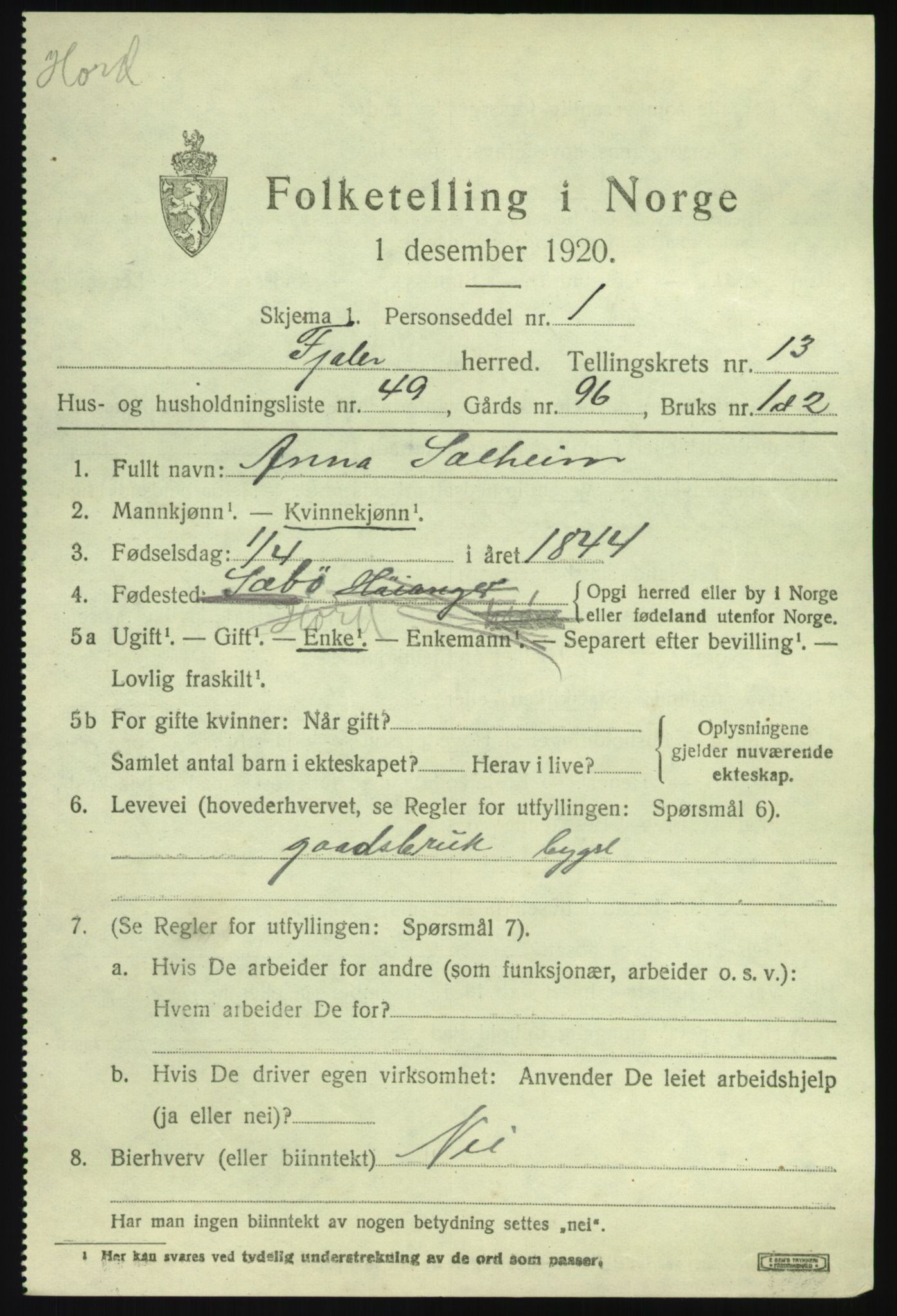 SAB, 1920 census for Fjaler, 1920, p. 7809