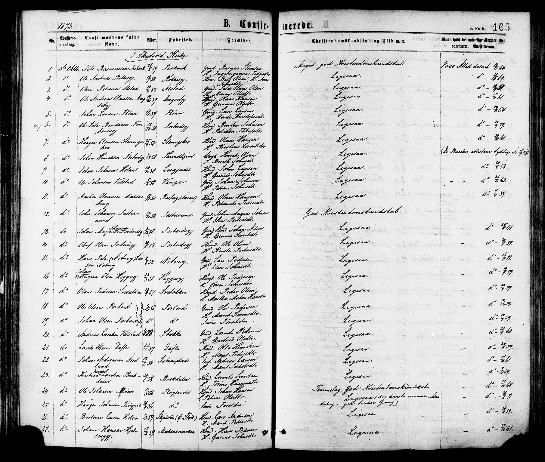 Ministerialprotokoller, klokkerbøker og fødselsregistre - Nord-Trøndelag, SAT/A-1458/709/L0076: Parish register (official) no. 709A16, 1871-1879, p. 165