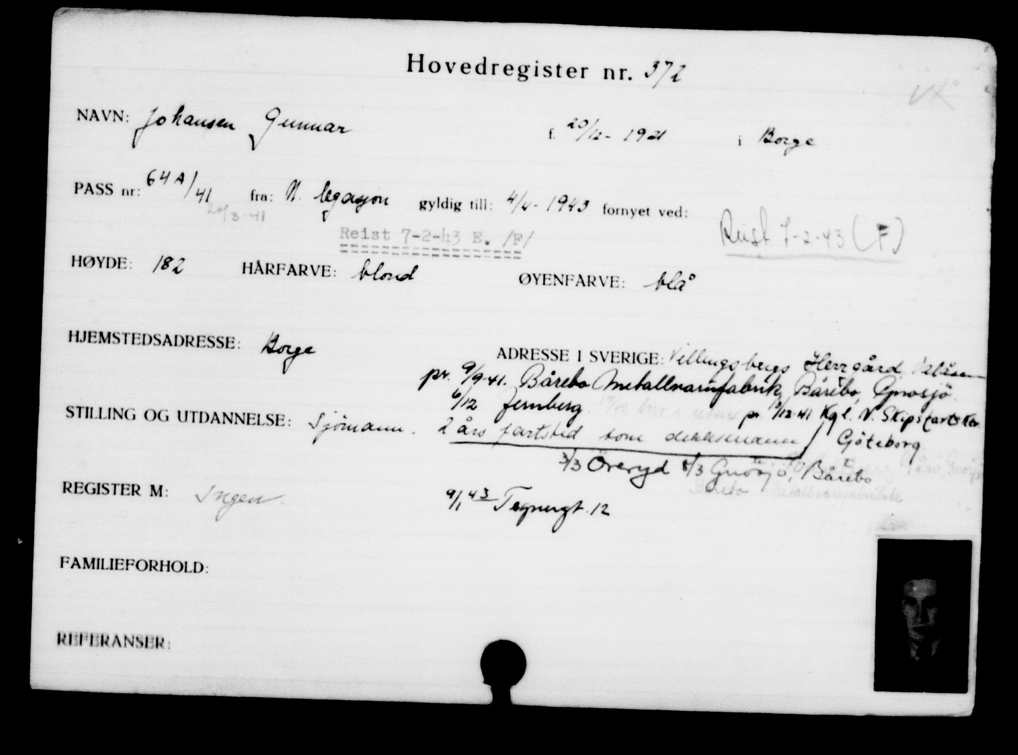 Utenriksstasjonene, Legasjonen i Stockholm, Flyktningkontoret, AV/RA-S-6753/V/Va/L0001: Kjesäterkartoteket, flyktninger med registreringsnr. 1-1000, 1940-1945, p. 587