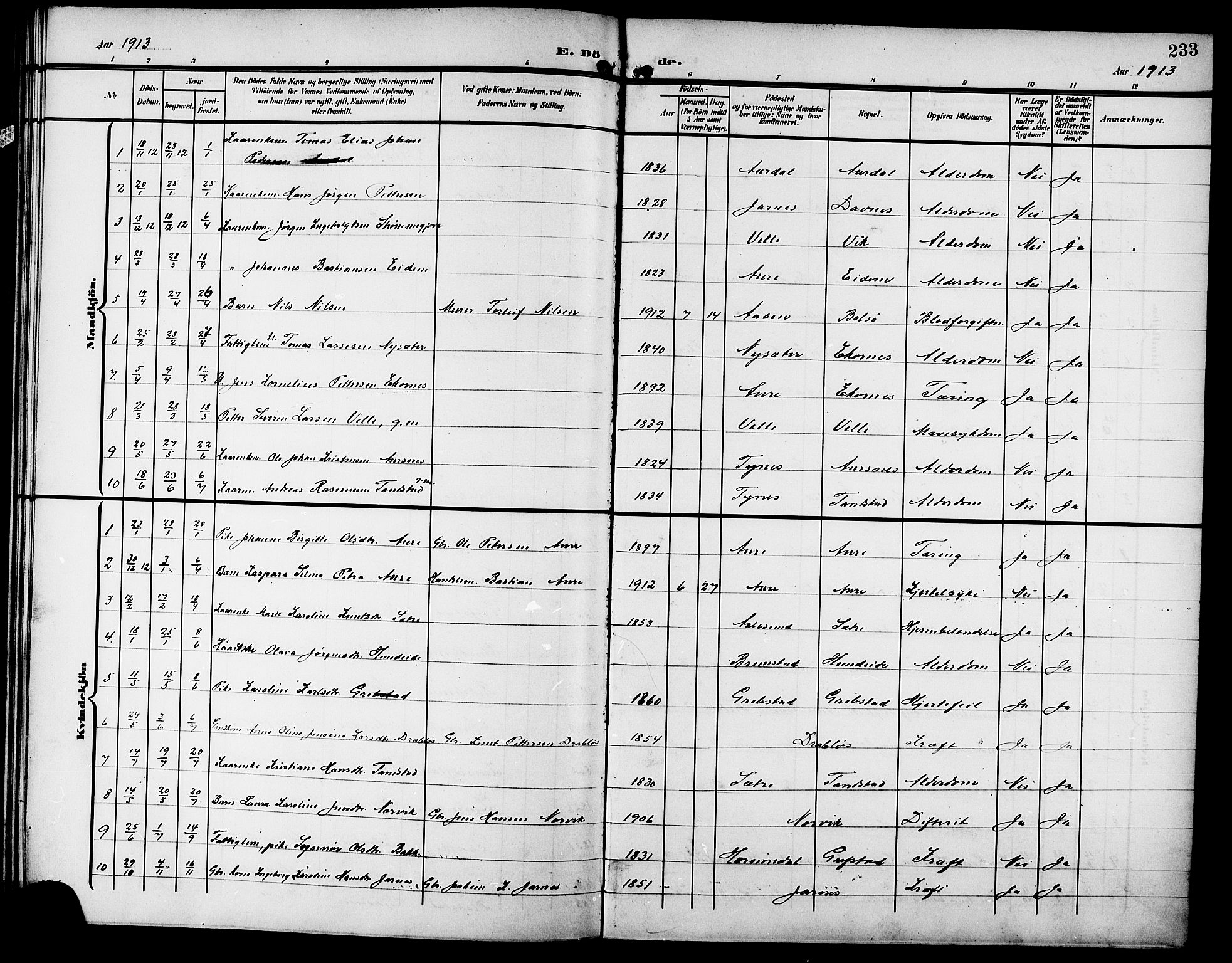 Ministerialprotokoller, klokkerbøker og fødselsregistre - Møre og Romsdal, SAT/A-1454/523/L0341: Parish register (copy) no. 523C04, 1903-1916, p. 233