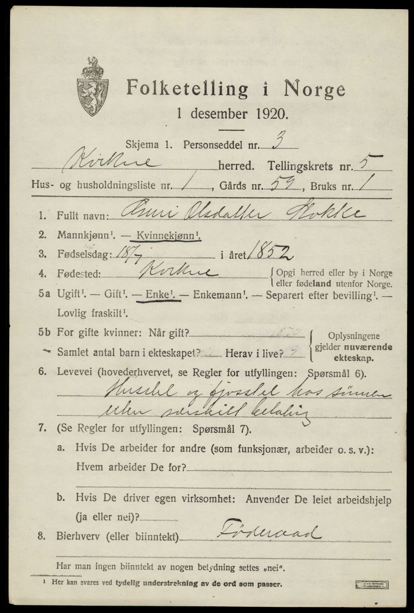 SAH, 1920 census for Kvikne, 1920, p. 2074