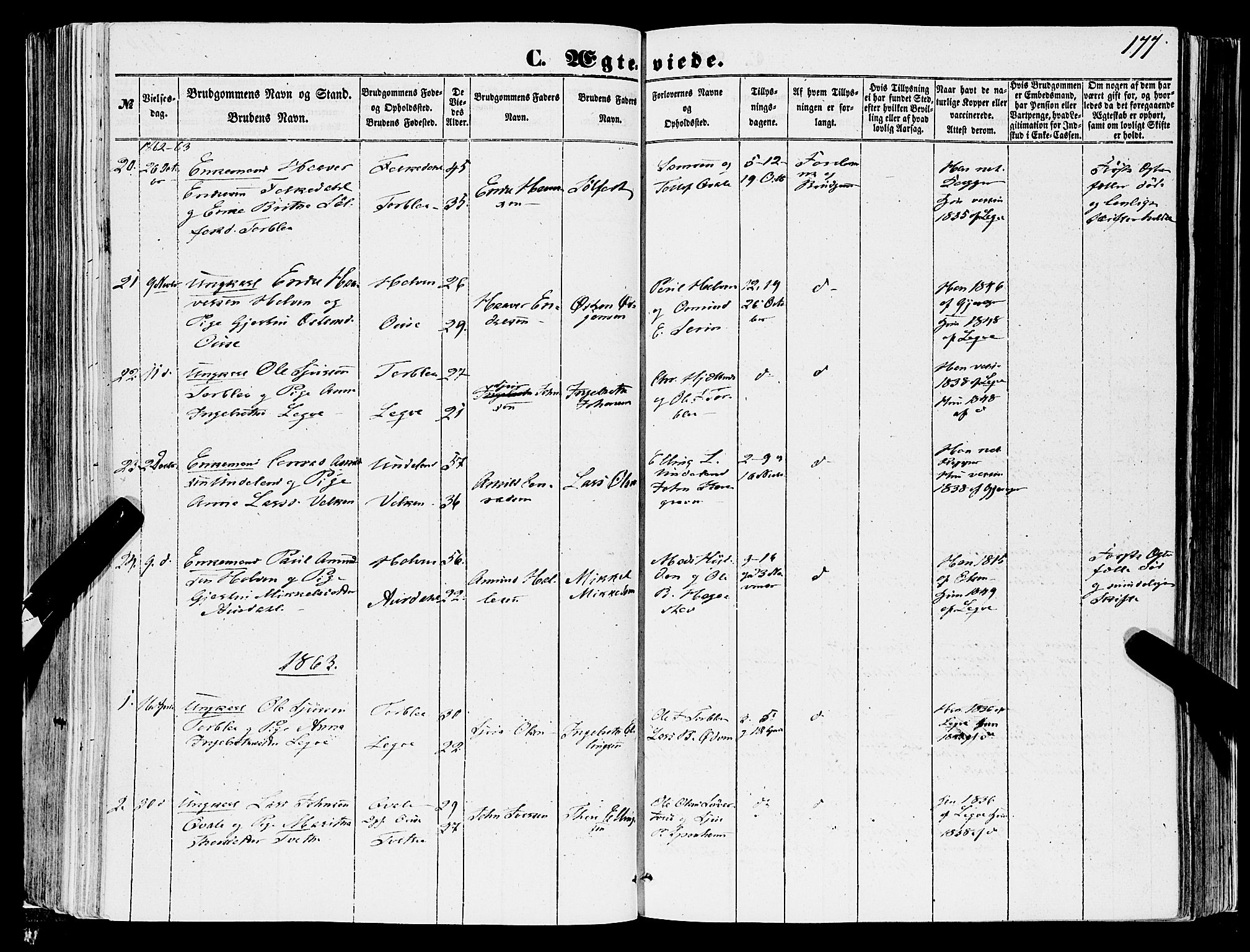 Ulvik sokneprestembete, AV/SAB-A-78801/H/Haa: Parish register (official) no. A 13, 1853-1863, p. 177