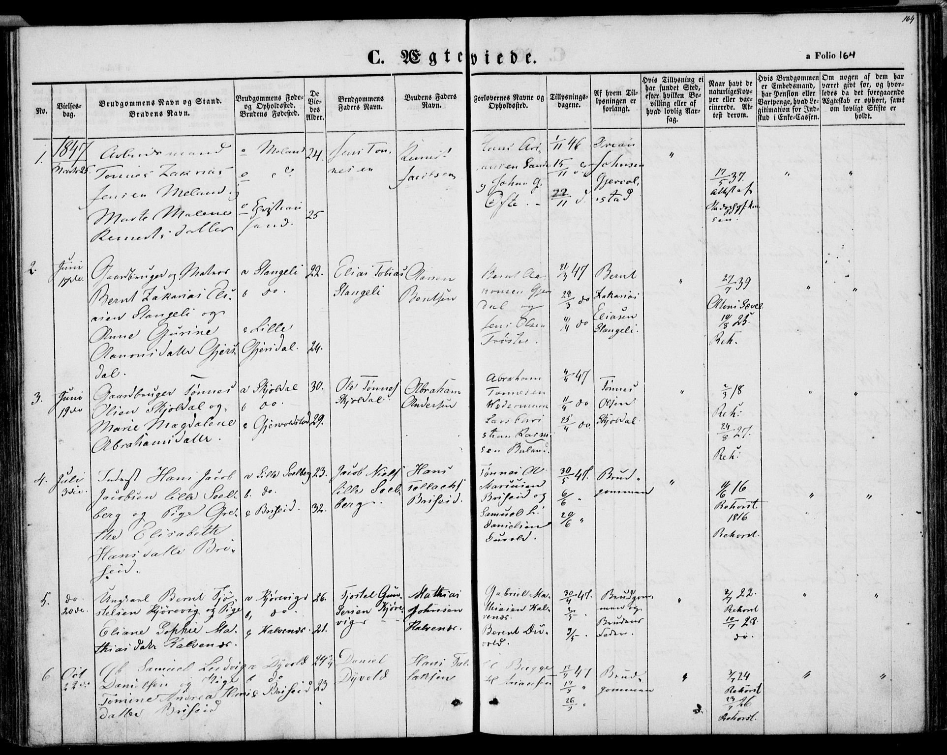 Herad sokneprestkontor, AV/SAK-1111-0018/F/Fa/Faa/L0004: Parish register (official) no. A 4, 1844-1853, p. 164