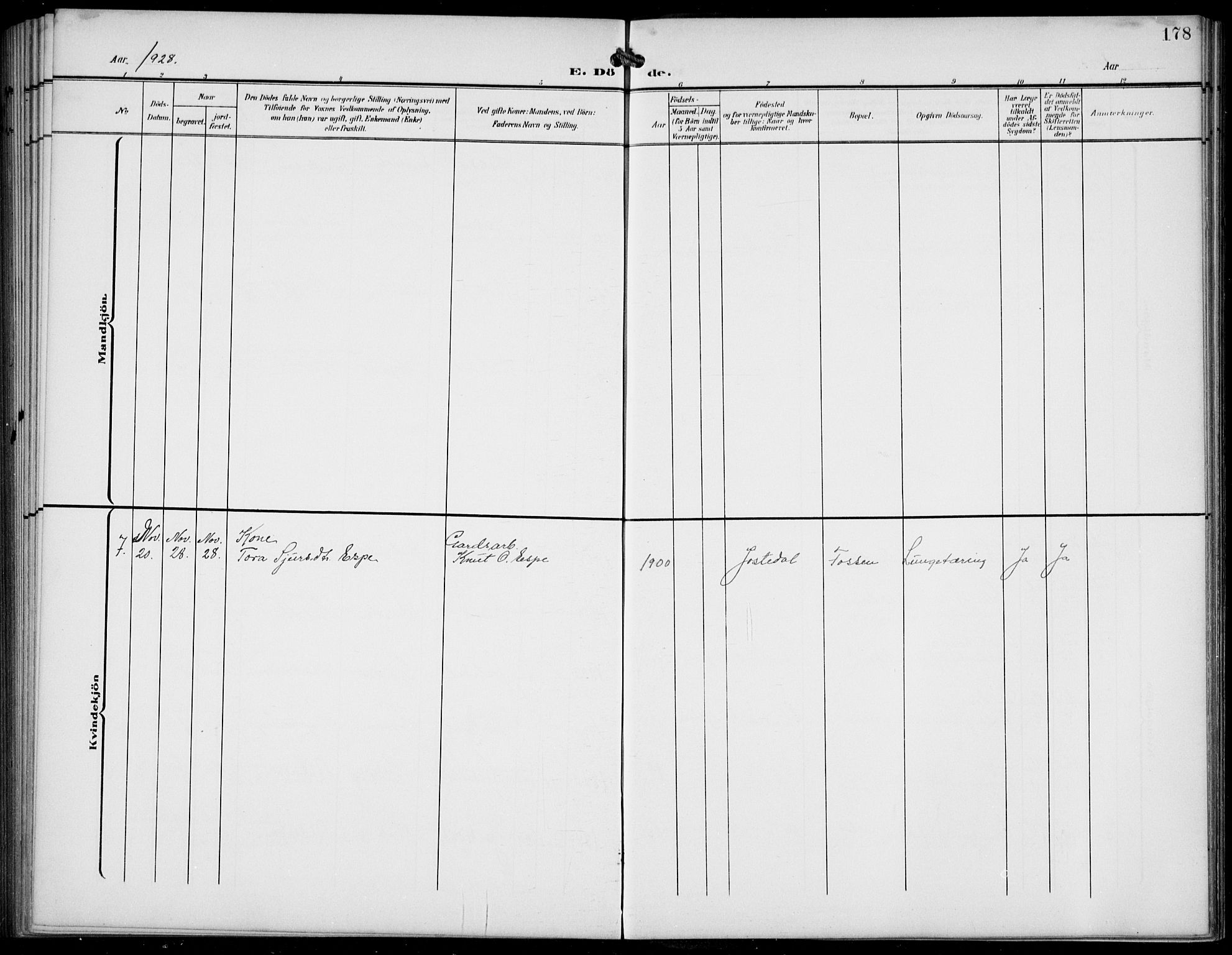 Jostedal sokneprestembete, AV/SAB-A-80601/H/Hab/Haba/L0002: Parish register (copy) no. A 2, 1907-1931, p. 178