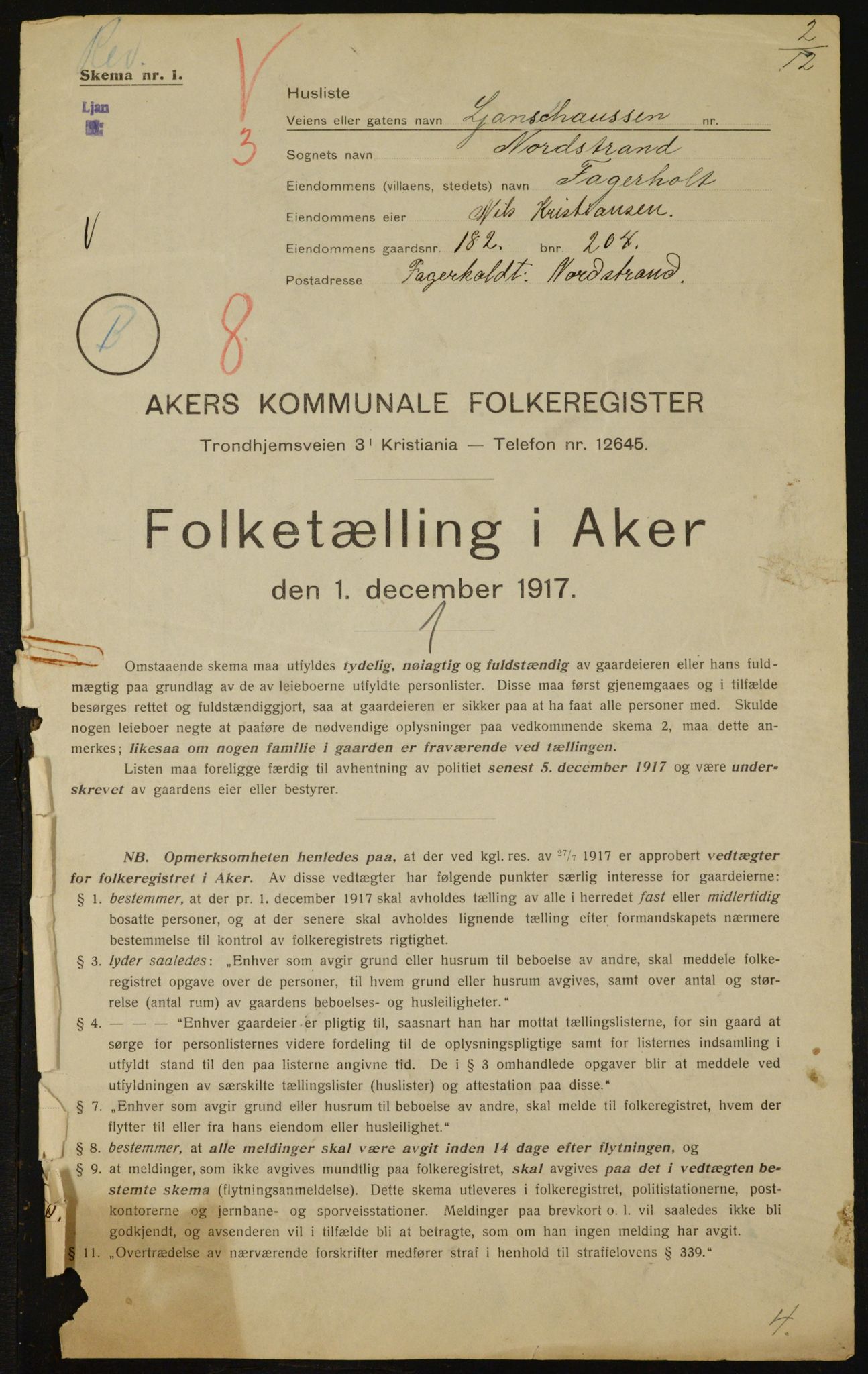 OBA, Municipal Census 1917 for Aker, 1917, p. 17232