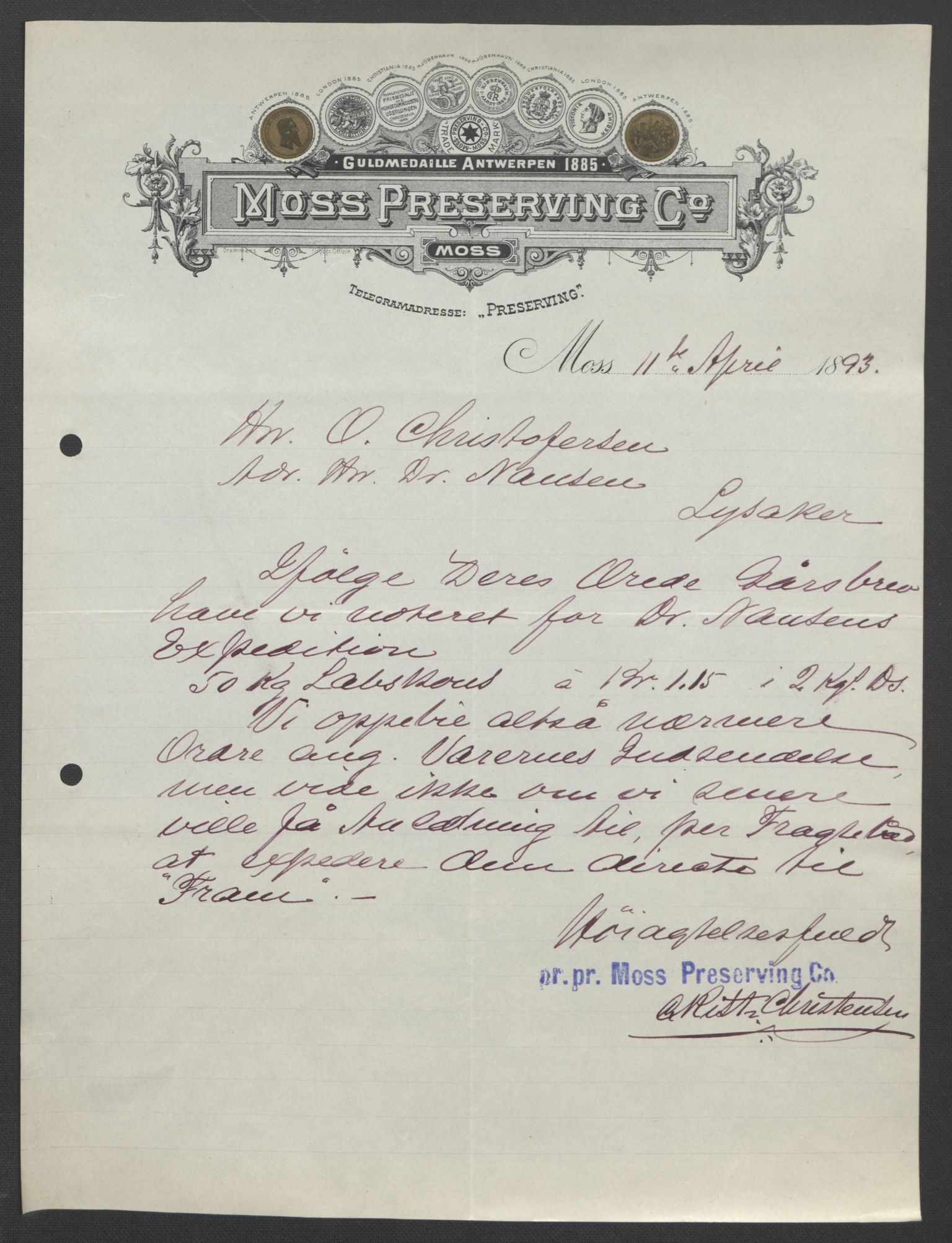 Arbeidskomitéen for Fridtjof Nansens polarekspedisjon, AV/RA-PA-0061/D/L0004: Innk. brev og telegrammer vedr. proviant og utrustning, 1892-1893, p. 400