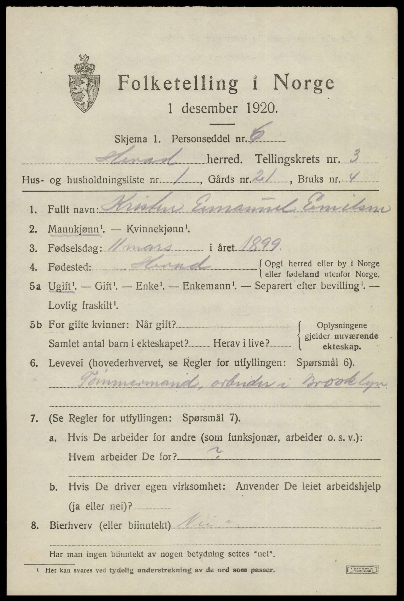 SAK, 1920 census for Herad, 1920, p. 1344