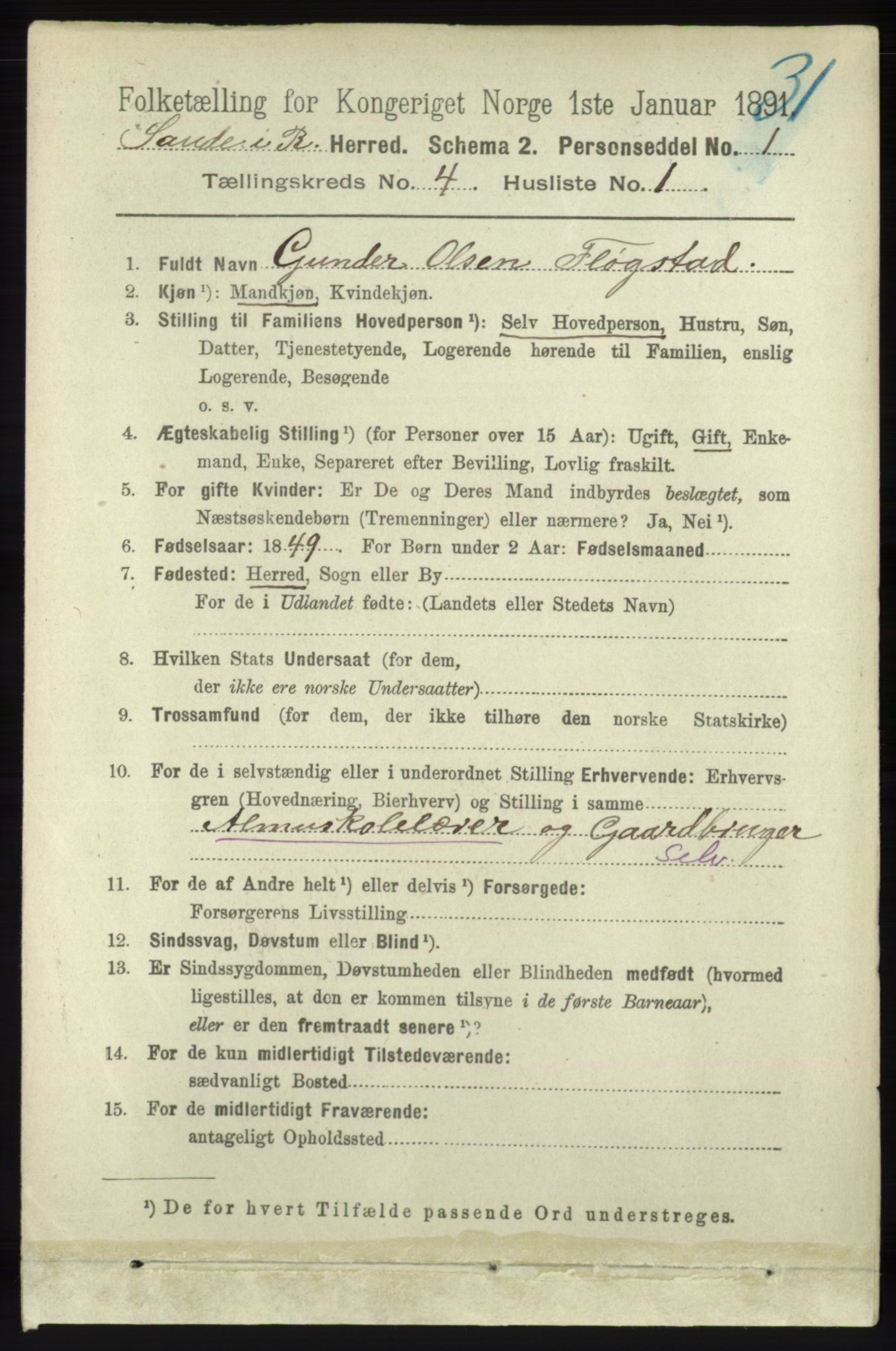 RA, 1891 census for 1135 Sauda, 1891, p. 1820
