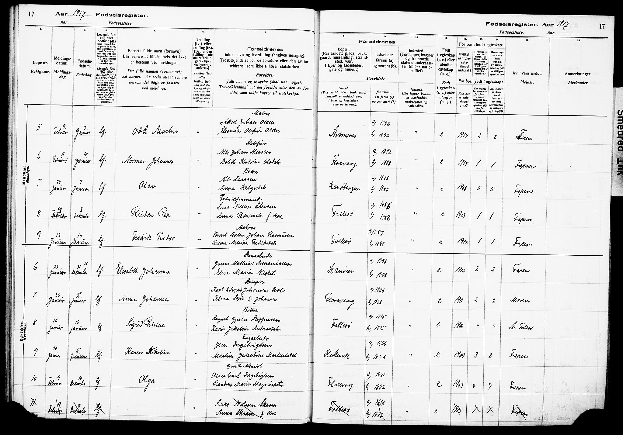 Askøy Sokneprestembete, AV/SAB-A-74101/I/Id/L00A1: Birth register no. A 1, 1916-1928, p. 17