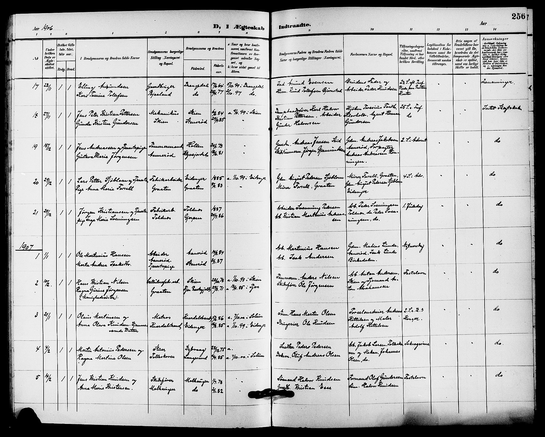 Solum kirkebøker, SAKO/A-306/G/Ga/L0008: Parish register (copy) no. I 8, 1898-1909, p. 256