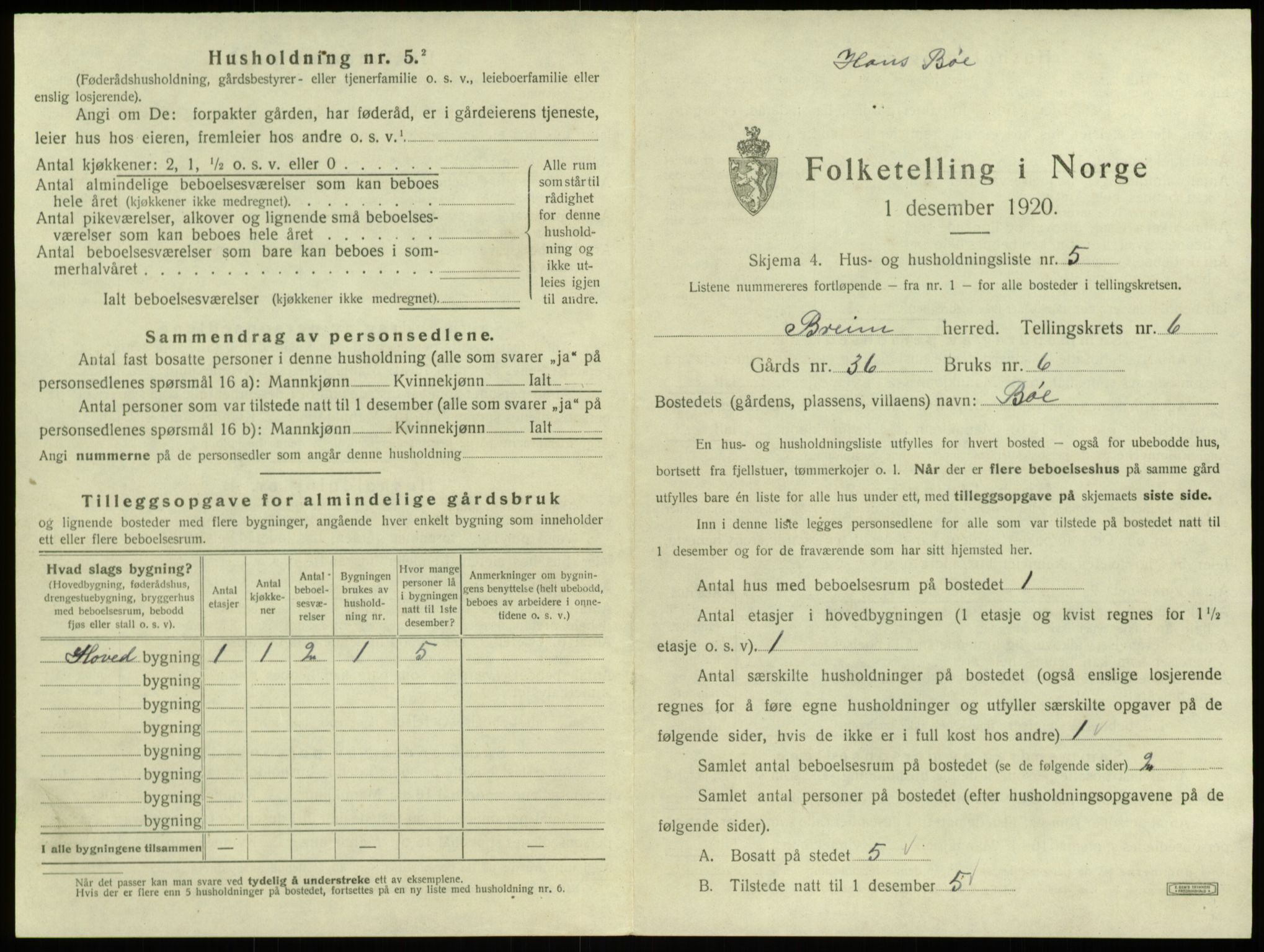 SAB, 1920 census for Breim, 1920, p. 486