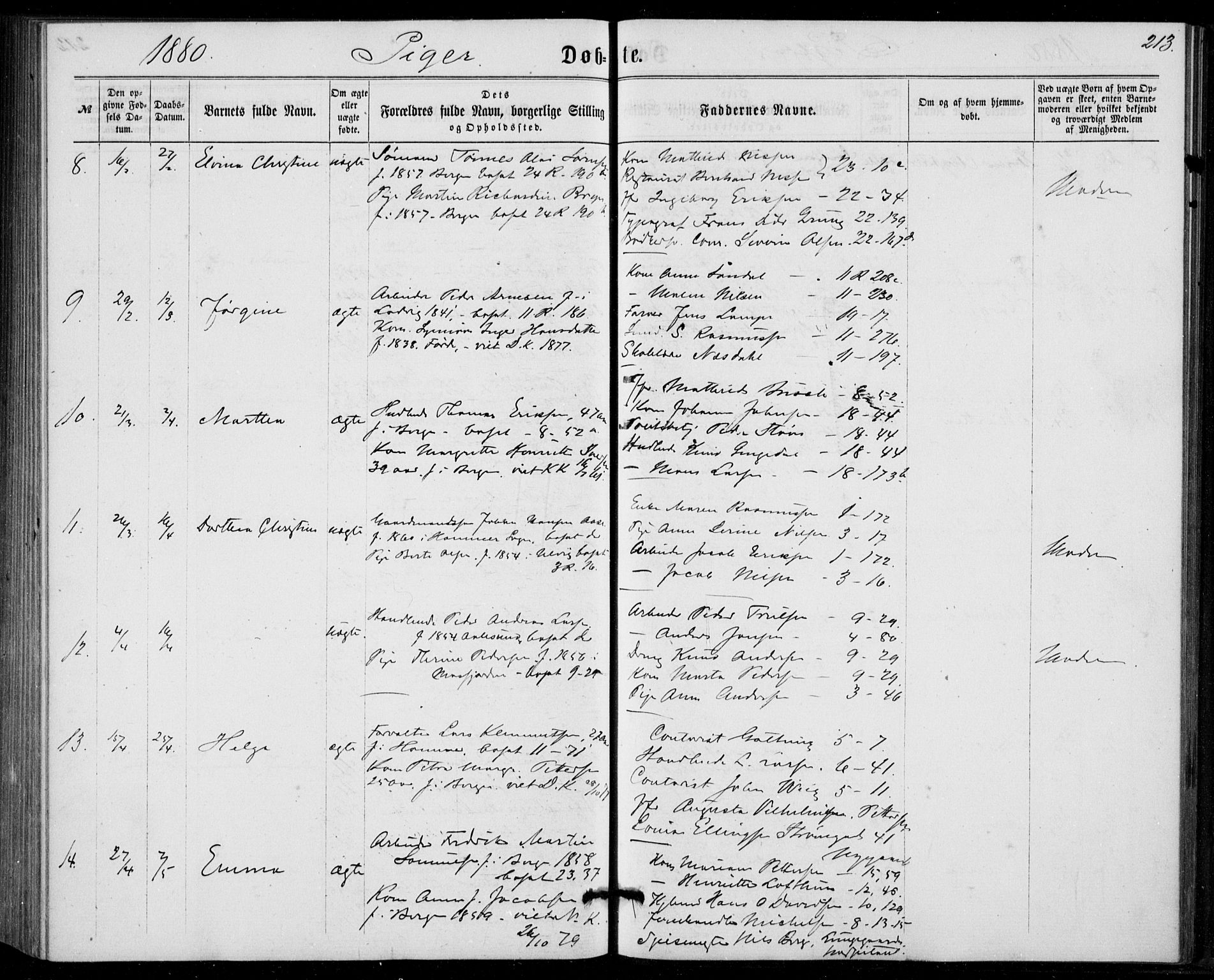 Fødselsstiftelsens sokneprestembete, ført av overlegen*, SAB/-: Parish register (official) no. A 1, 1863-1883, p. 213