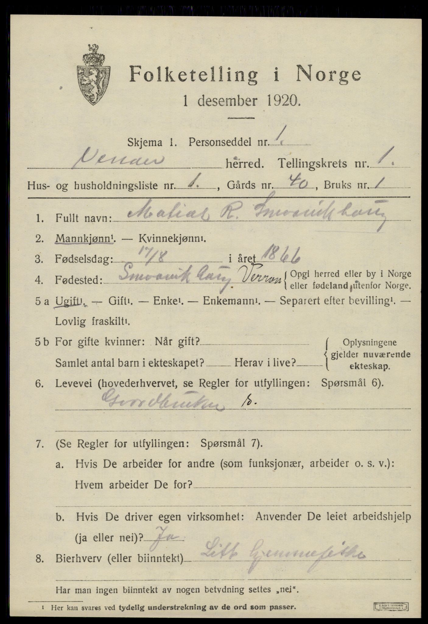 SAT, 1920 census for Verran, 1920, p. 606