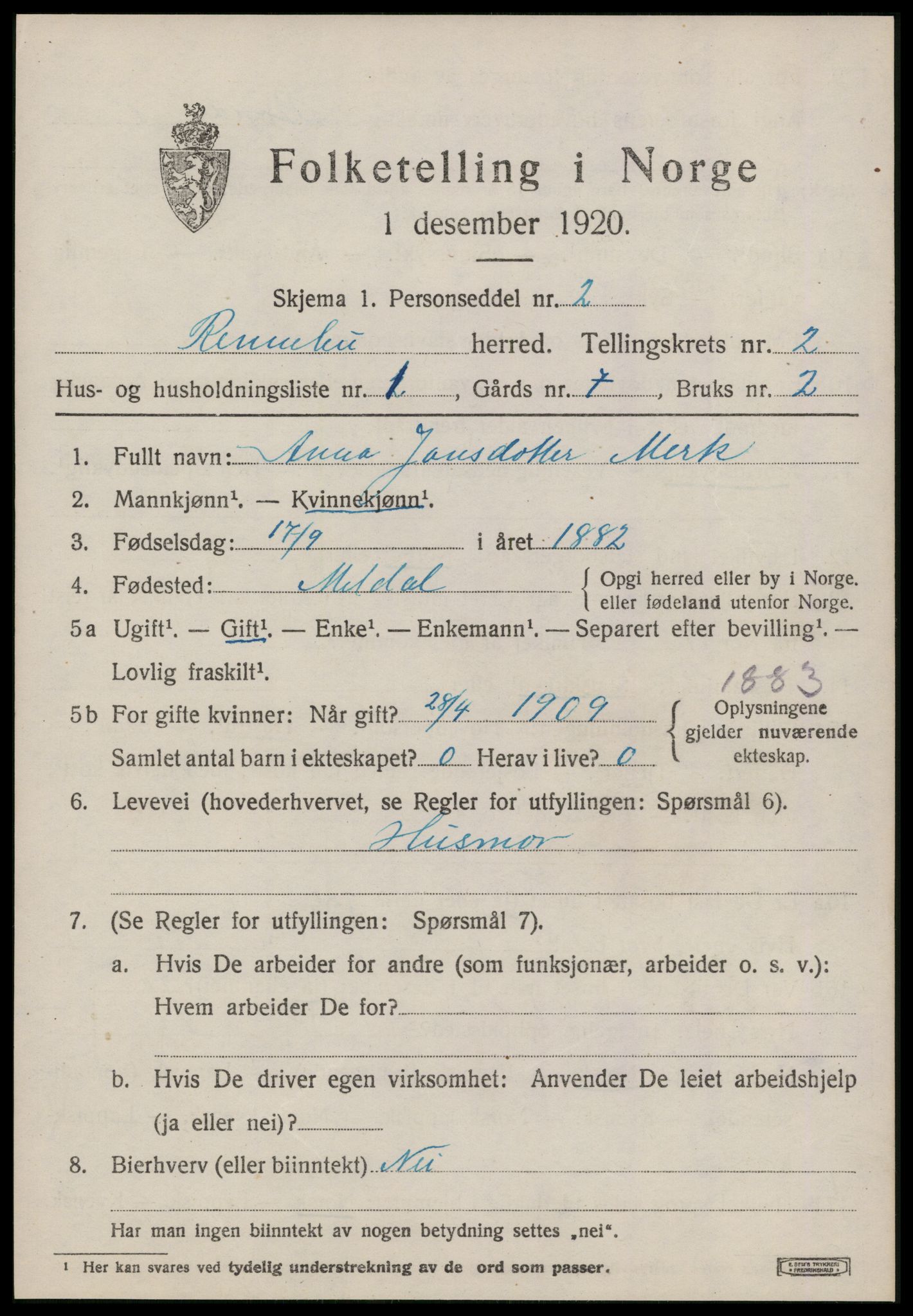 SAT, 1920 census for Rennebu, 1920, p. 1262