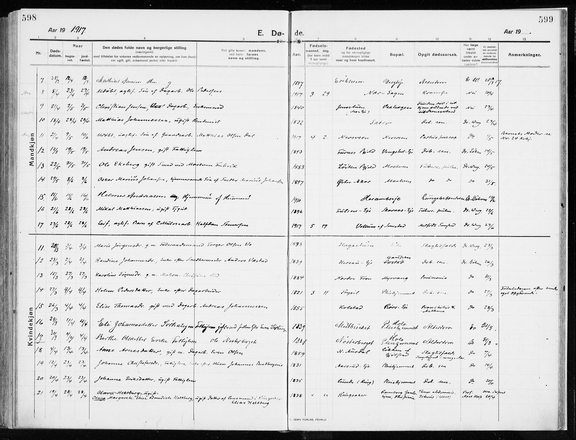 Ringsaker prestekontor, AV/SAH-PREST-014/K/Ka/L0020: Parish register (official) no. 20, 1913-1922, p. 598-599