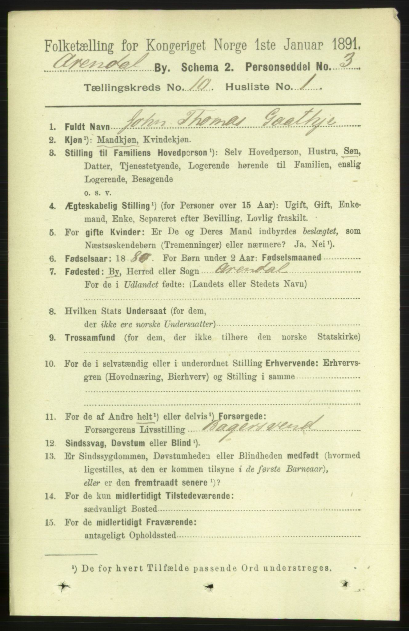 RA, 1891 census for 0903 Arendal, 1891, p. 3639