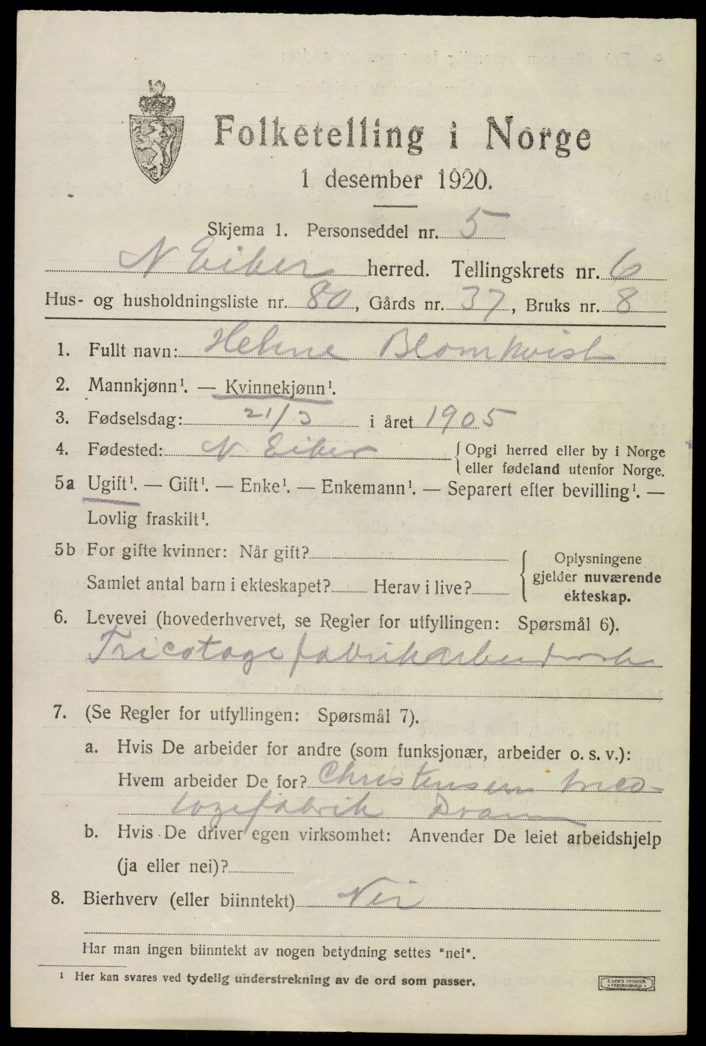 SAKO, 1920 census for Nedre Eiker, 1920, p. 7401