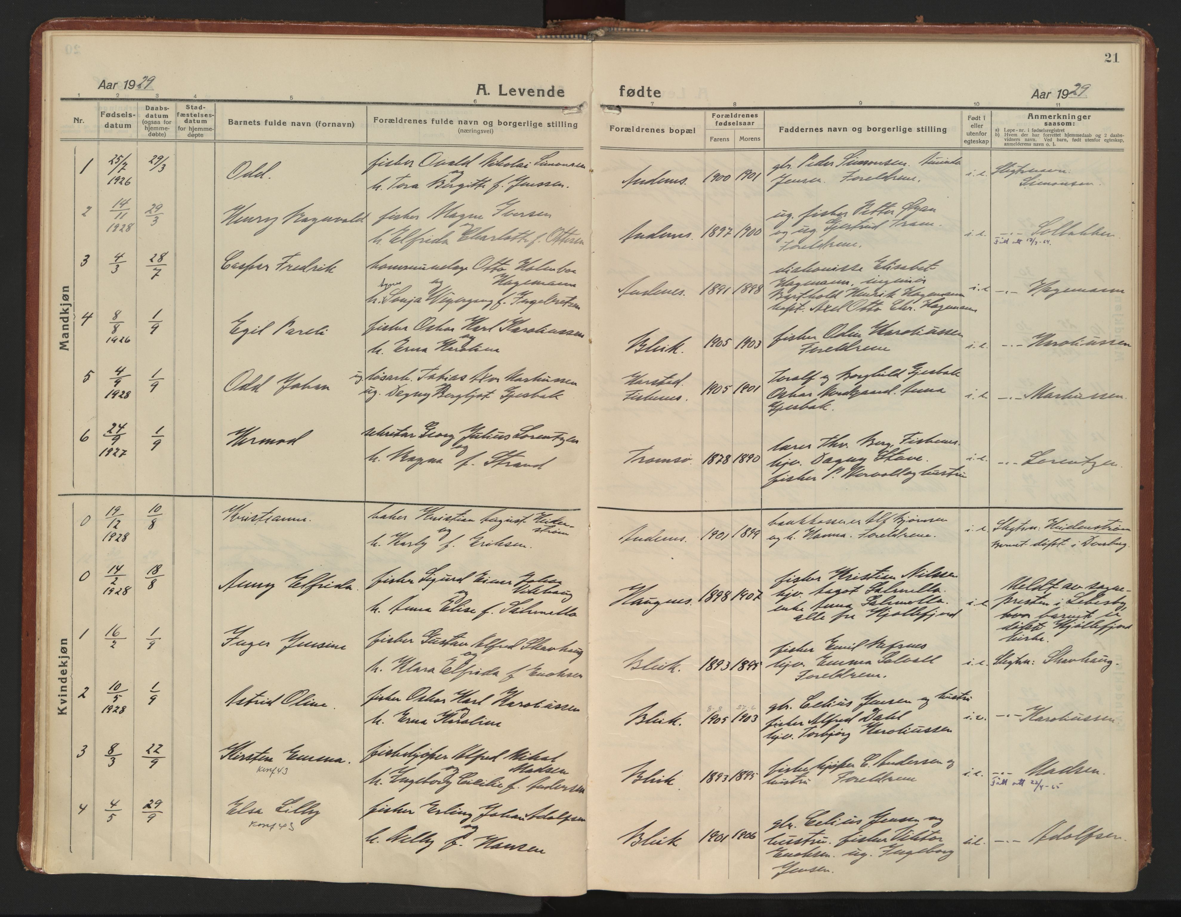 Ministerialprotokoller, klokkerbøker og fødselsregistre - Nordland, AV/SAT-A-1459/899/L1441: Parish register (official) no. 899A09, 1923-1939, p. 21