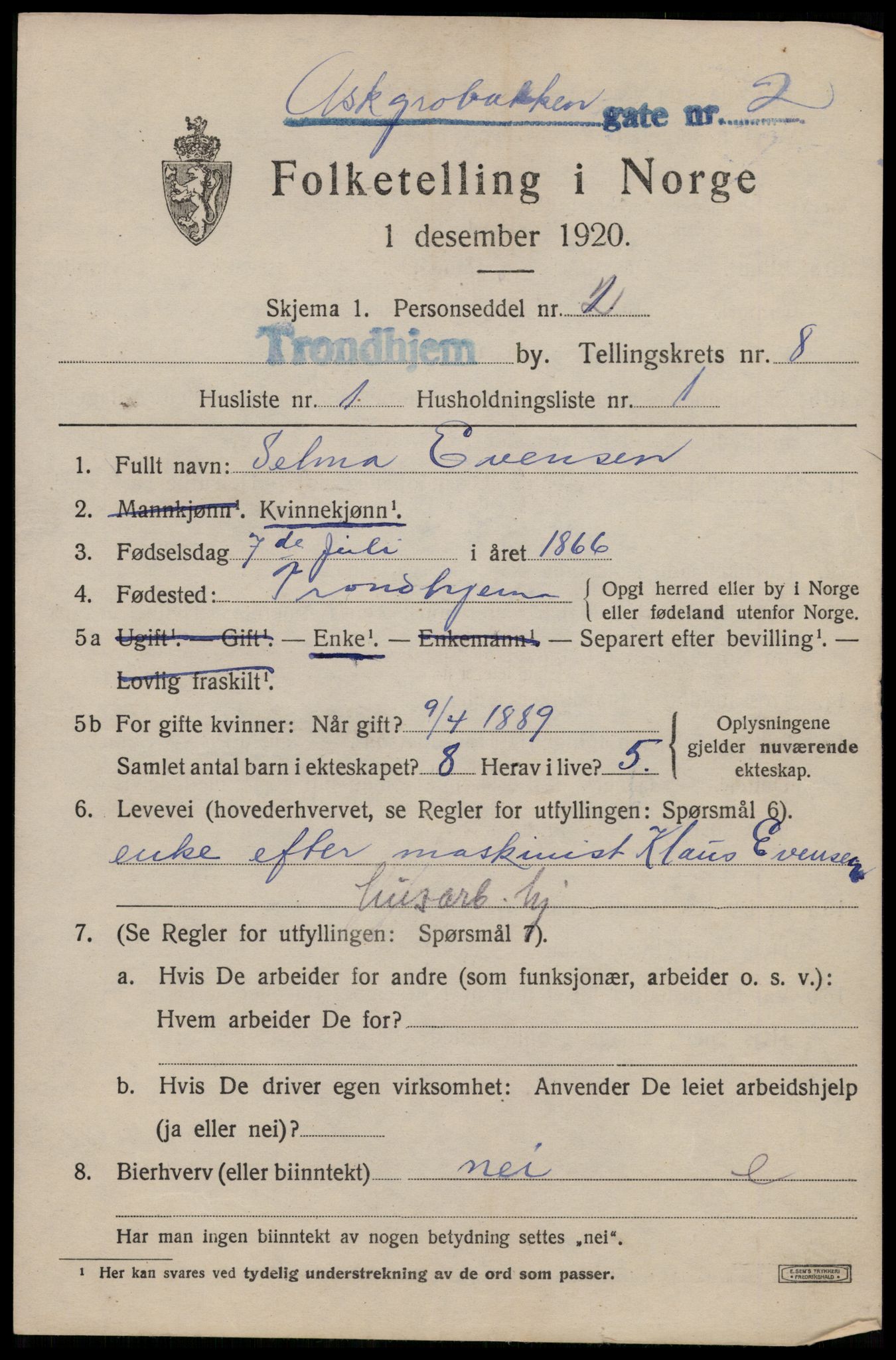 SAT, 1920 census for Trondheim, 1920, p. 42482