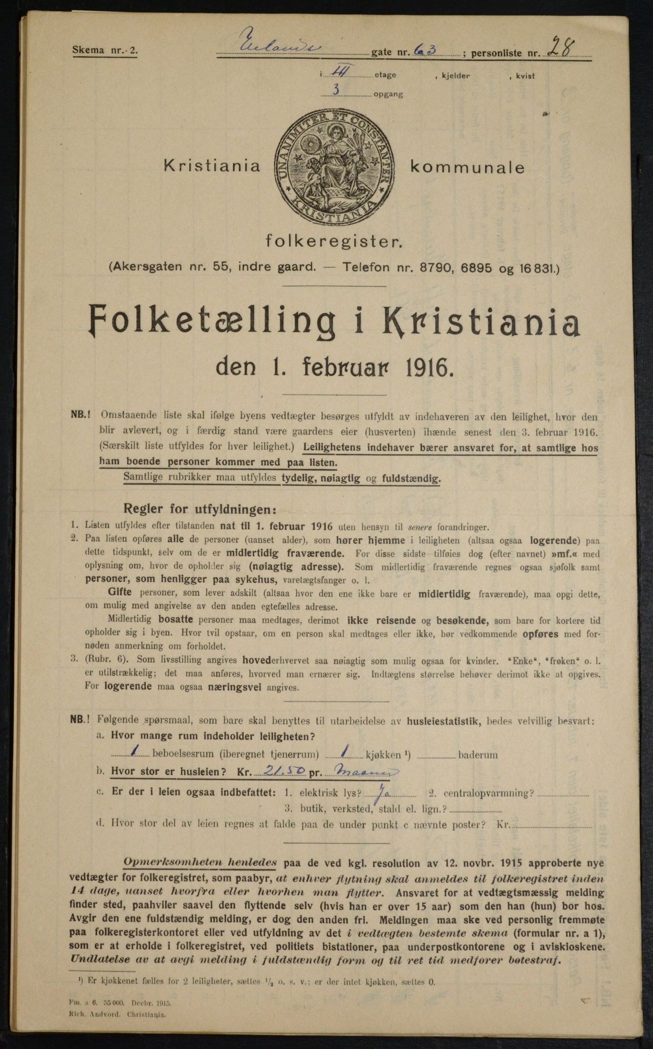 OBA, Municipal Census 1916 for Kristiania, 1916, p. 122108