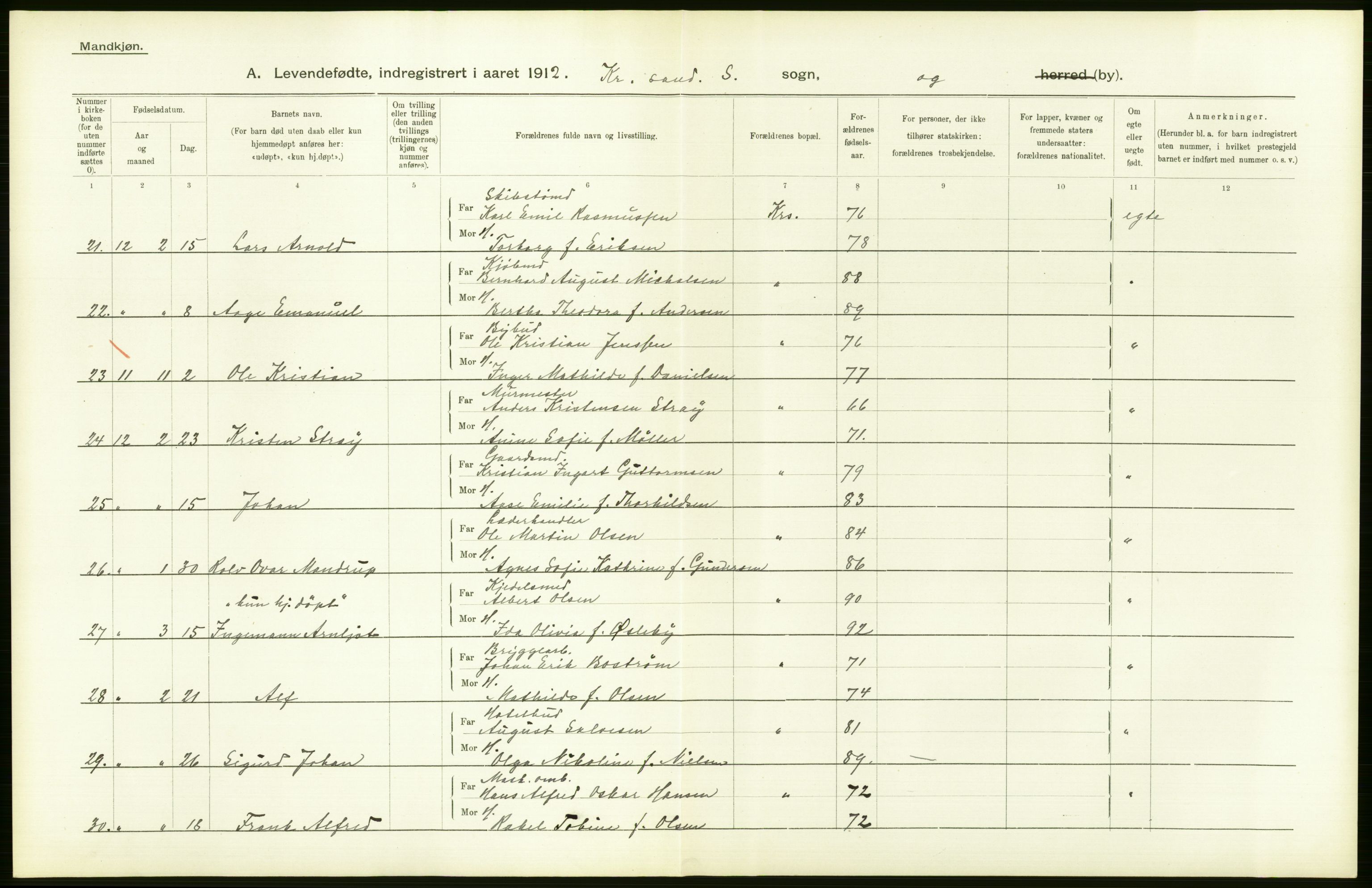 Statistisk sentralbyrå, Sosiodemografiske emner, Befolkning, AV/RA-S-2228/D/Df/Dfb/Dfbb/L0024: Lister og Mandals amt: Levendefødte menn og kvinner. Bygder og byer., 1912, p. 98