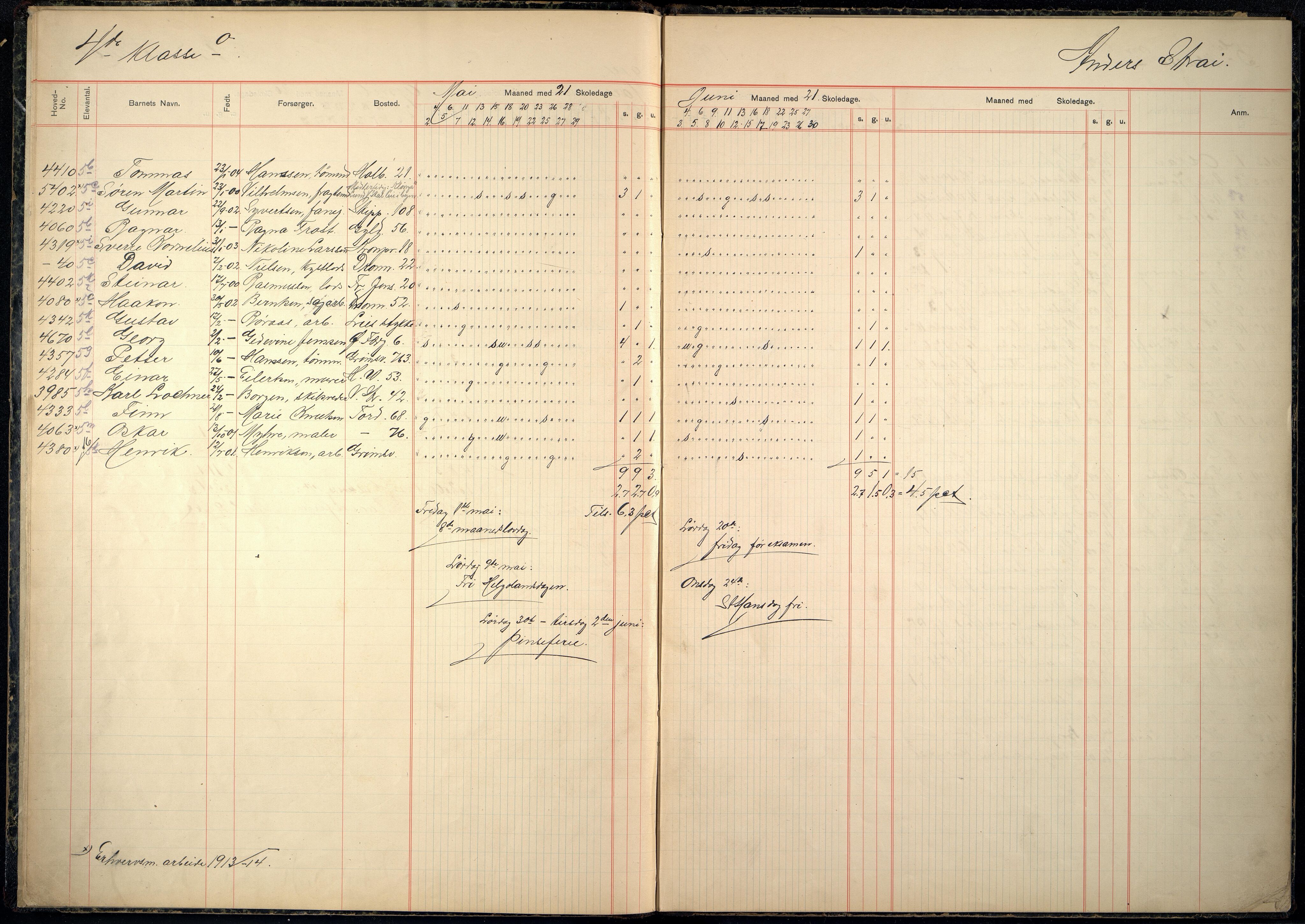 Kristiansand By - Kongensgate Skole, ARKSOR/1001KG560/I/Ia/L0004: Fraværsdagbok, 1913-1918