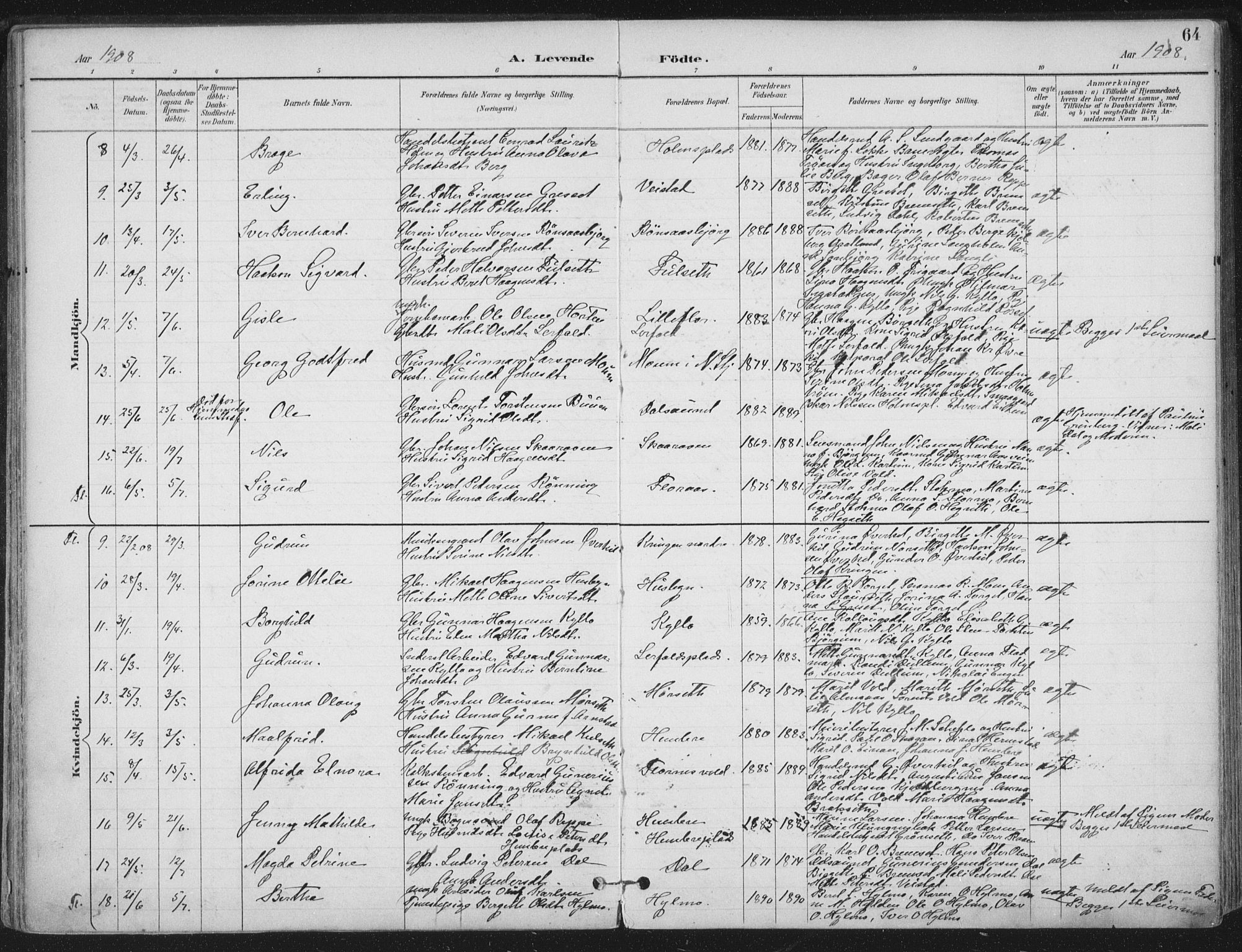Ministerialprotokoller, klokkerbøker og fødselsregistre - Nord-Trøndelag, SAT/A-1458/703/L0031: Parish register (official) no. 703A04, 1893-1914, p. 64