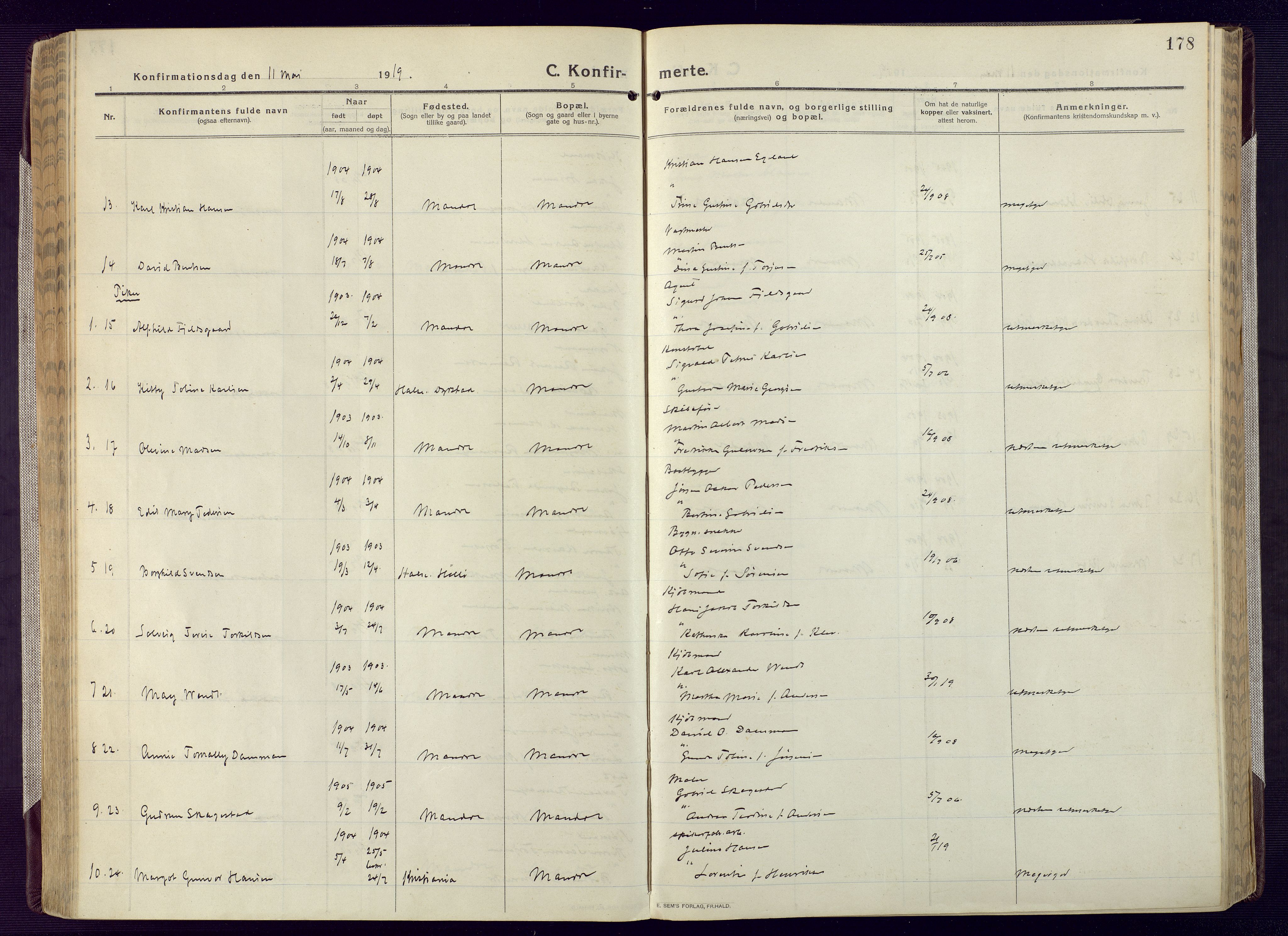 Mandal sokneprestkontor, AV/SAK-1111-0030/F/Fa/Fac/L0001: Parish register (official) no. A 1, 1913-1925, p. 178