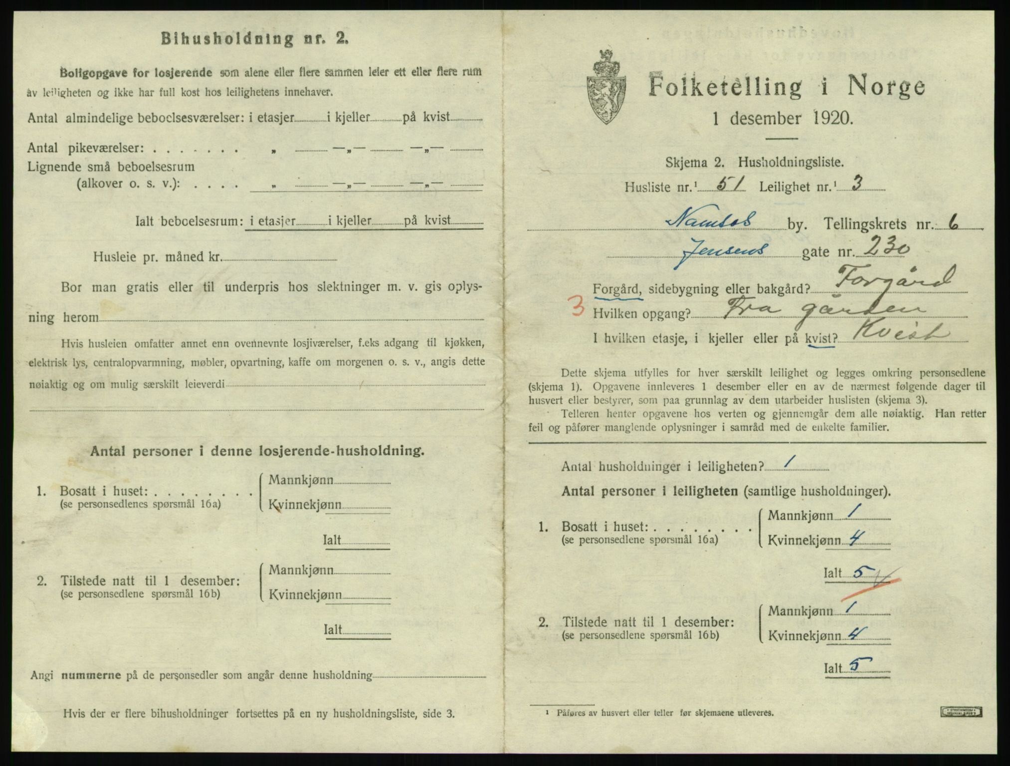 SAT, 1920 census for Namsos, 1920, p. 1975