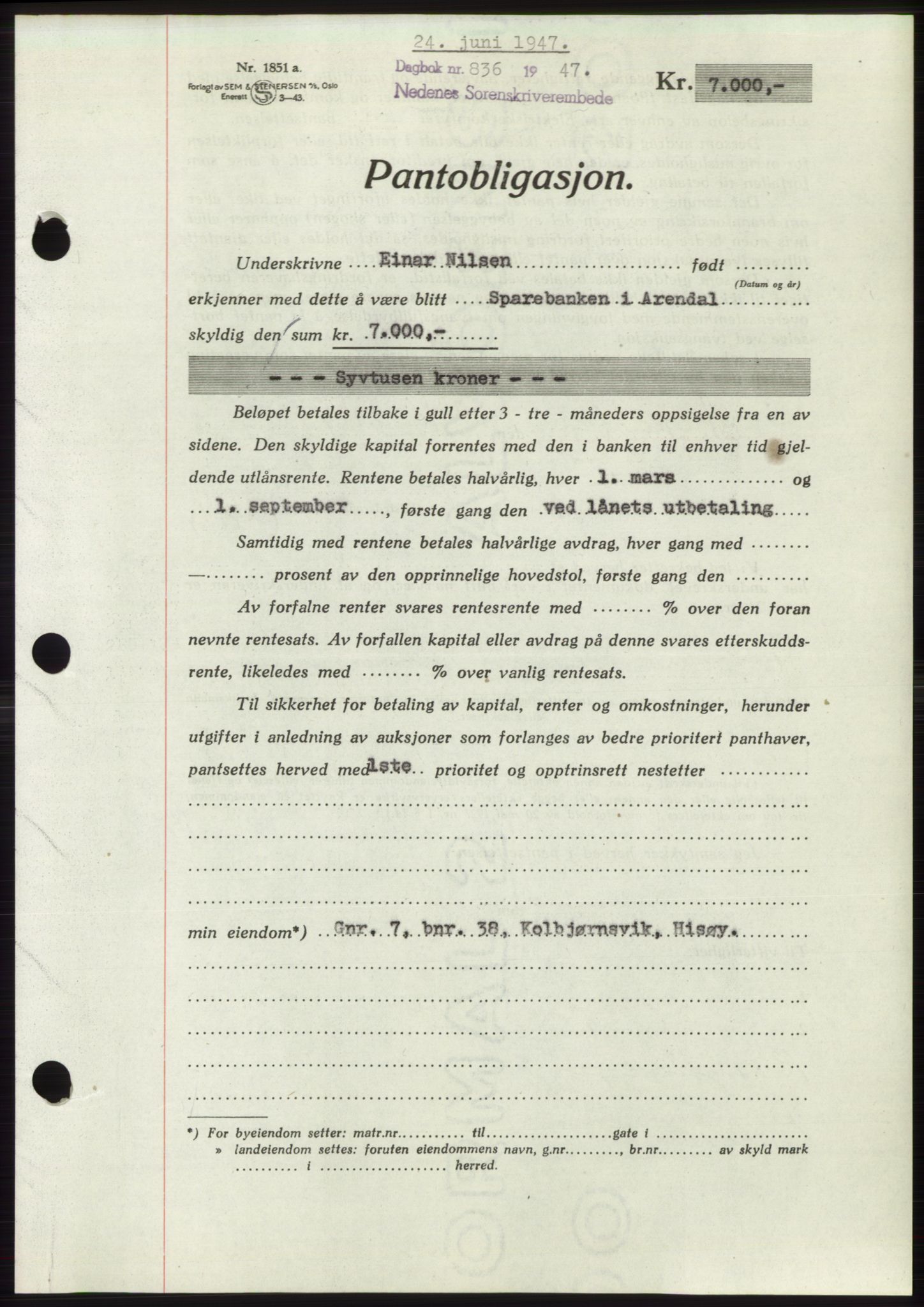 Nedenes sorenskriveri, AV/SAK-1221-0006/G/Gb/Gbb/L0004: Mortgage book no. B4, 1947-1947, Diary no: : 836/1947