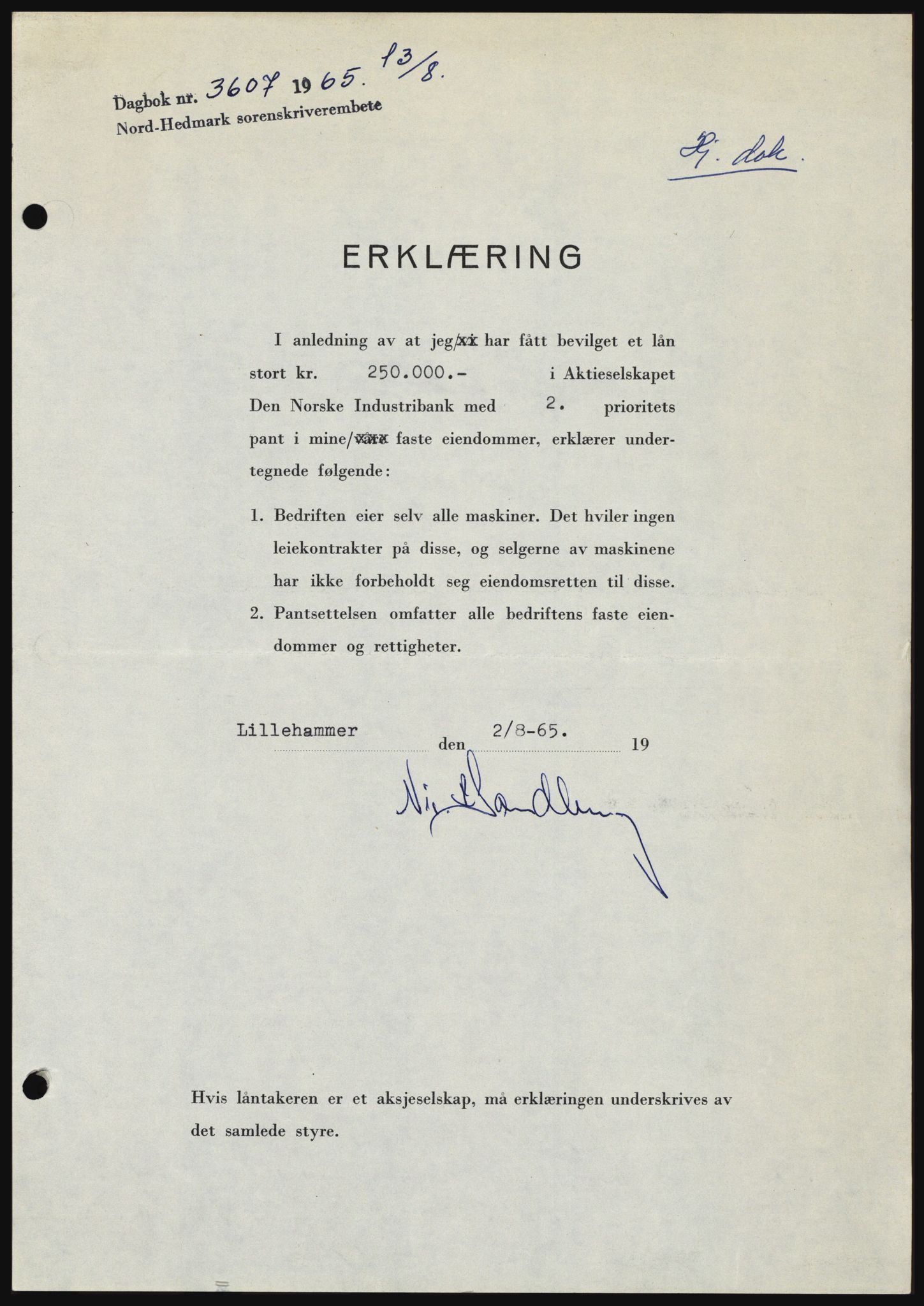 Nord-Hedmark sorenskriveri, SAH/TING-012/H/Hc/L0022: Mortgage book no. 22, 1965-1965, Diary no: : 3607/1965
