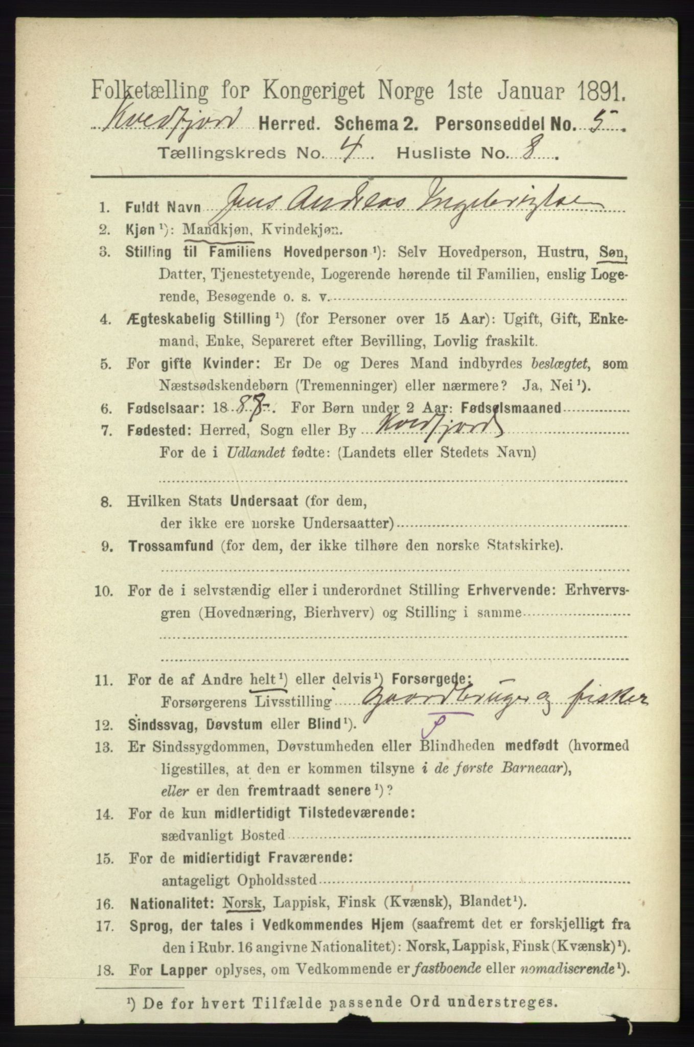 RA, 1891 census for 1911 Kvæfjord, 1891, p. 1936