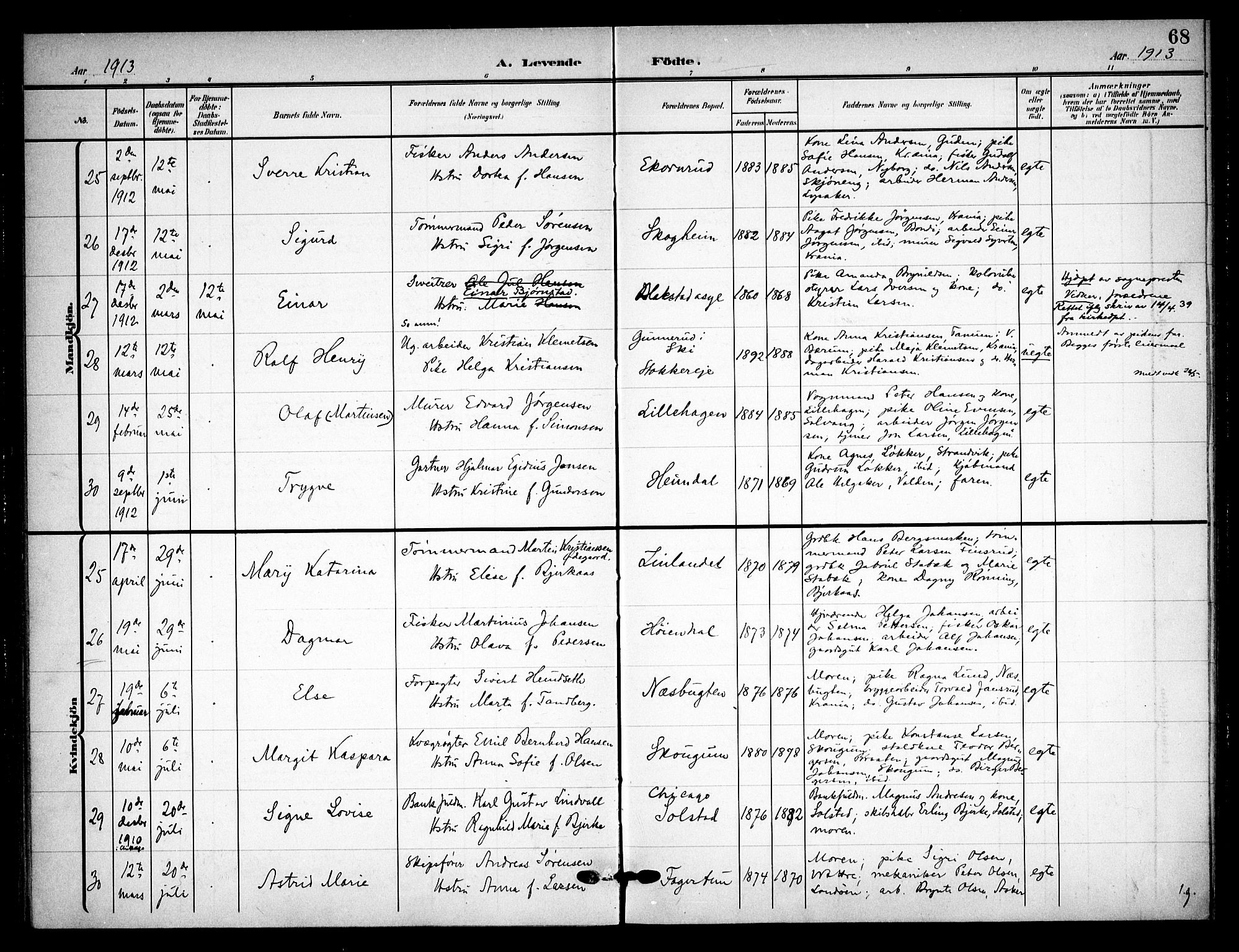 Asker prestekontor Kirkebøker, AV/SAO-A-10256a/F/Fa/L0017: Parish register (official) no. I 17, 1907-1915, p. 68