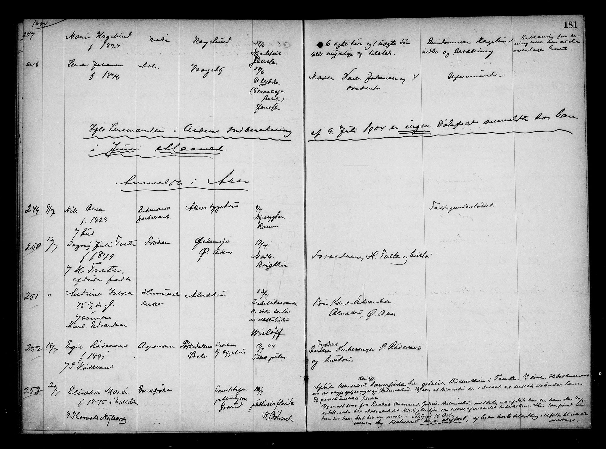 Aker kriminaldommer, skifte- og auksjonsforvalterembete, AV/SAO-A-10452/H/Hb/Hba/Hbaa/L0001: Dødsfallsprotokoll, 1901-1907, p. 181