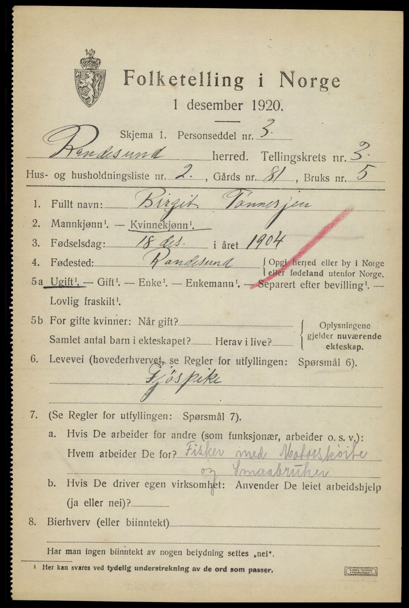 SAK, 1920 census for Randesund, 1920, p. 1470