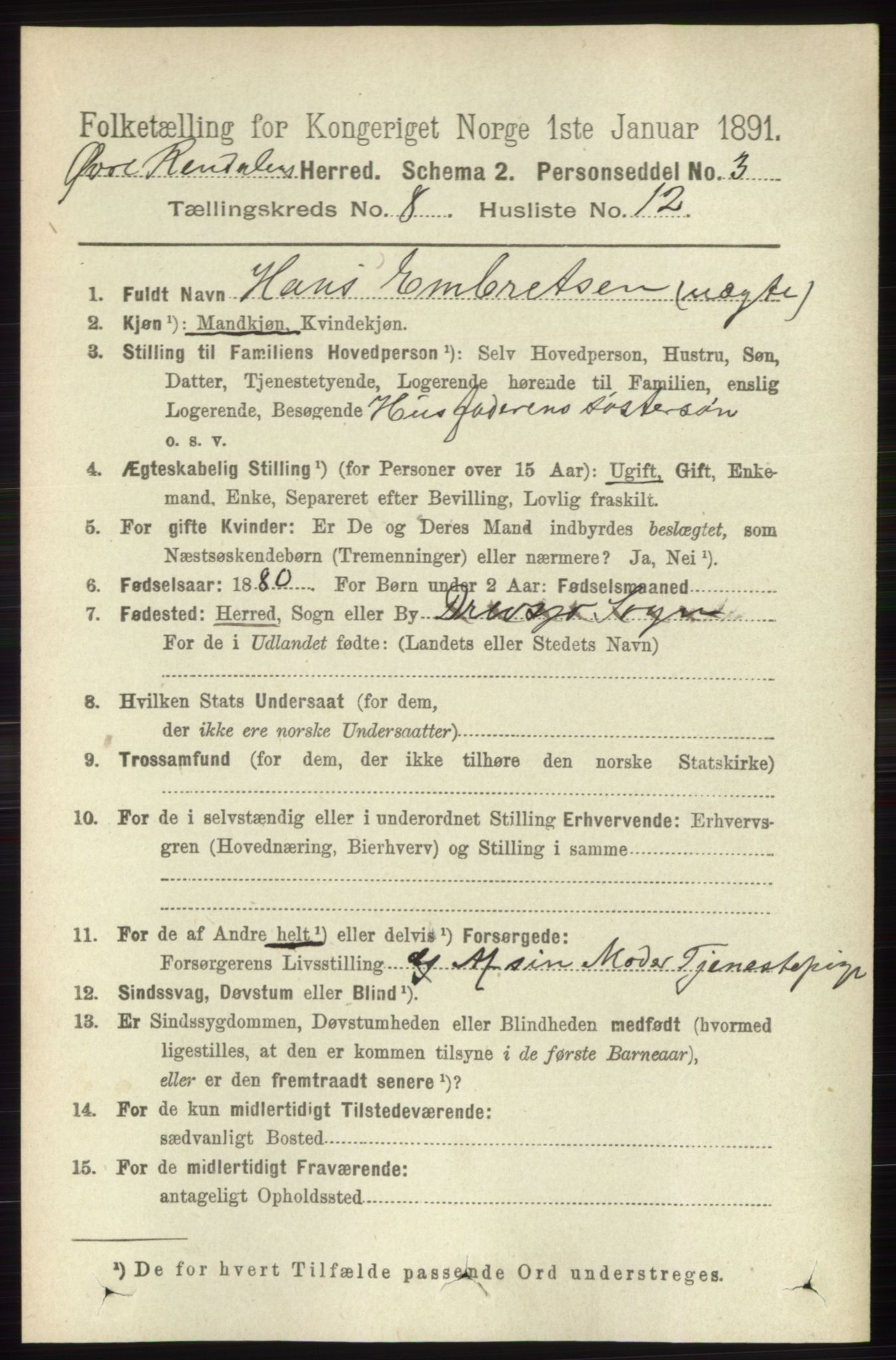 RA, 1891 census for 0433 Øvre Rendal, 1891, p. 2068