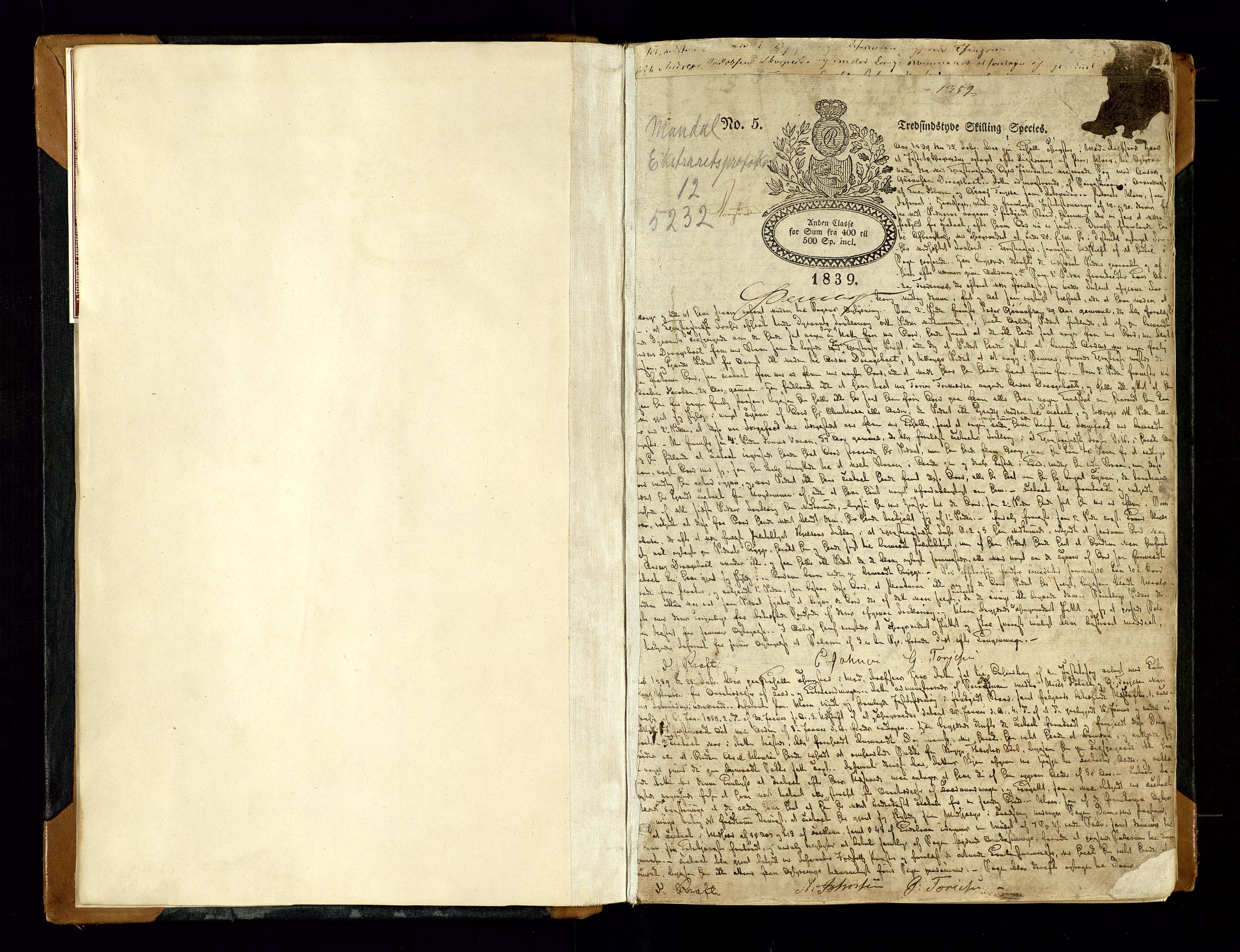 Mandal sorenskriveri, SAK/1221-0005/001/F/Fb/L0014: Ekstrarettsprotokoll med register for fast eiendom nr 12, 1839-1845, p. 1