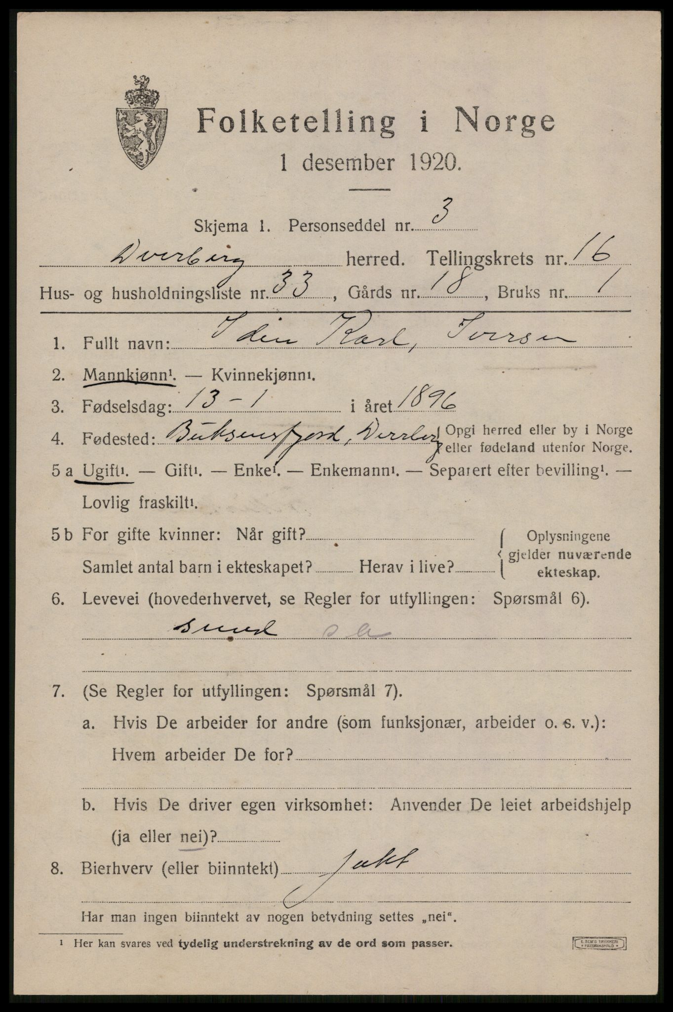 SAT, 1920 census for Dverberg, 1920, p. 11958