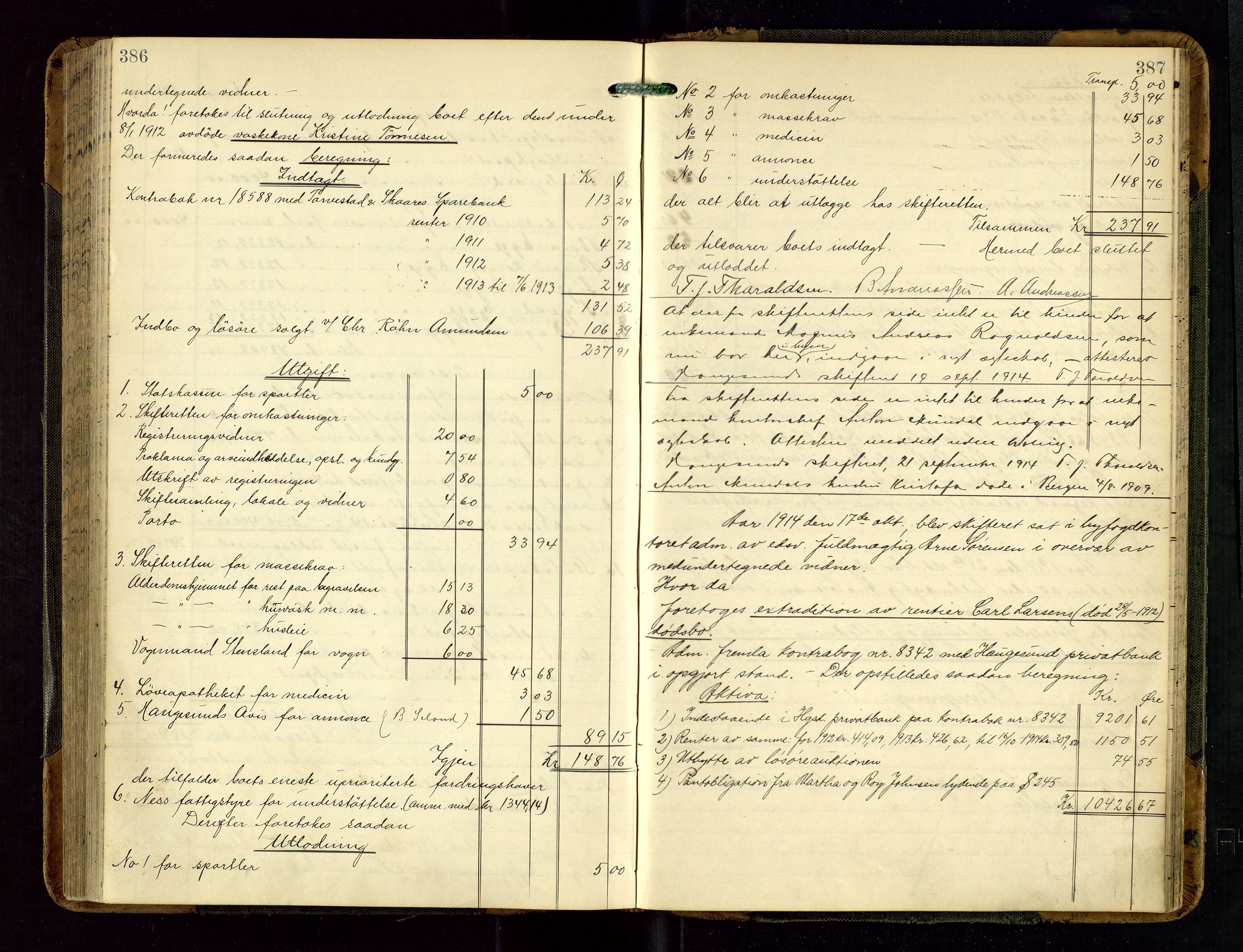 Haugesund tingrett, AV/SAST-A-101415/01/IV/IVD/L0002: Skifteutlodningsprotokoll, med register, 1904-1915, p. 386-387