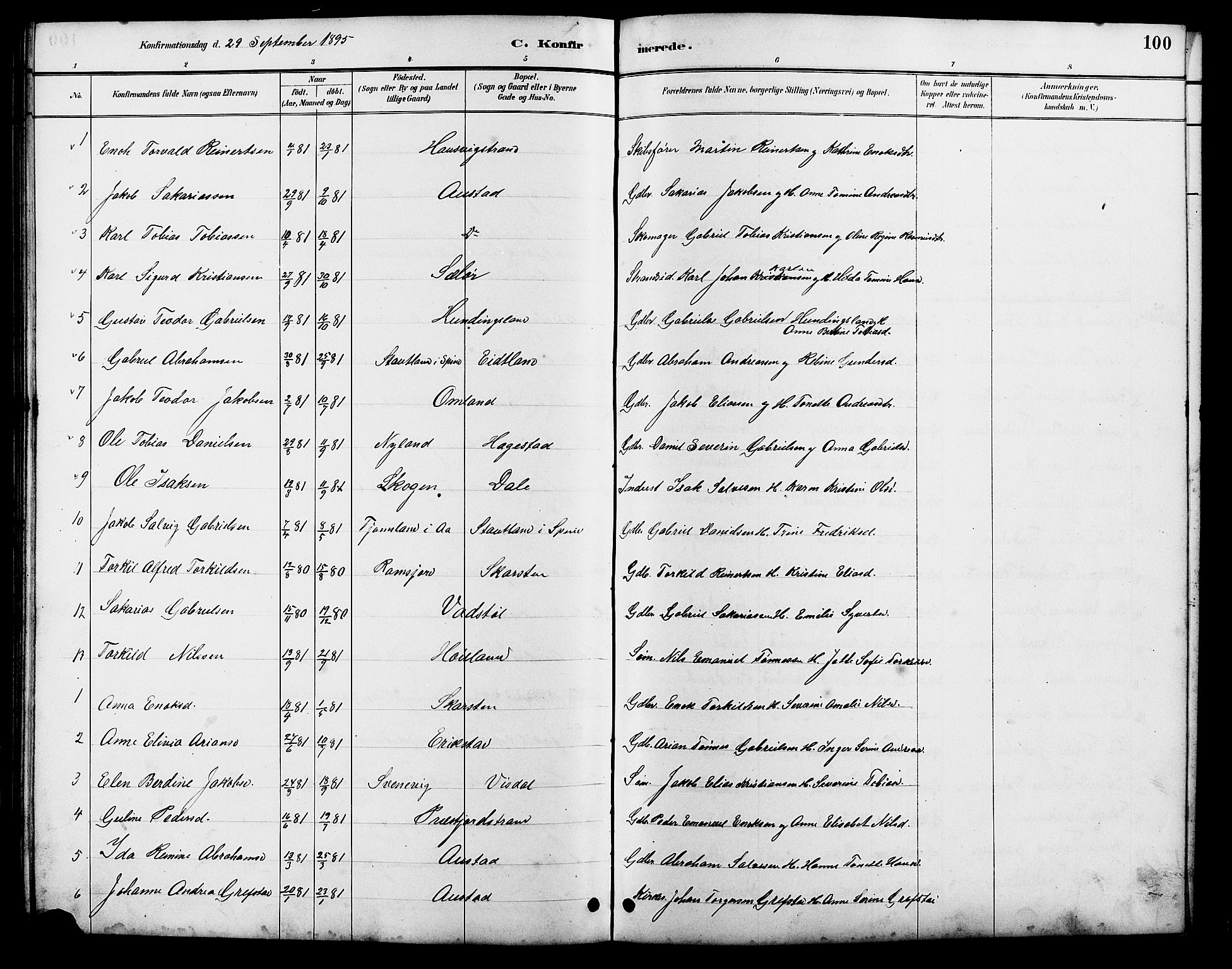 Lyngdal sokneprestkontor, AV/SAK-1111-0029/F/Fb/Fba/L0003: Parish register (copy) no. B 3, 1886-1903, p. 100