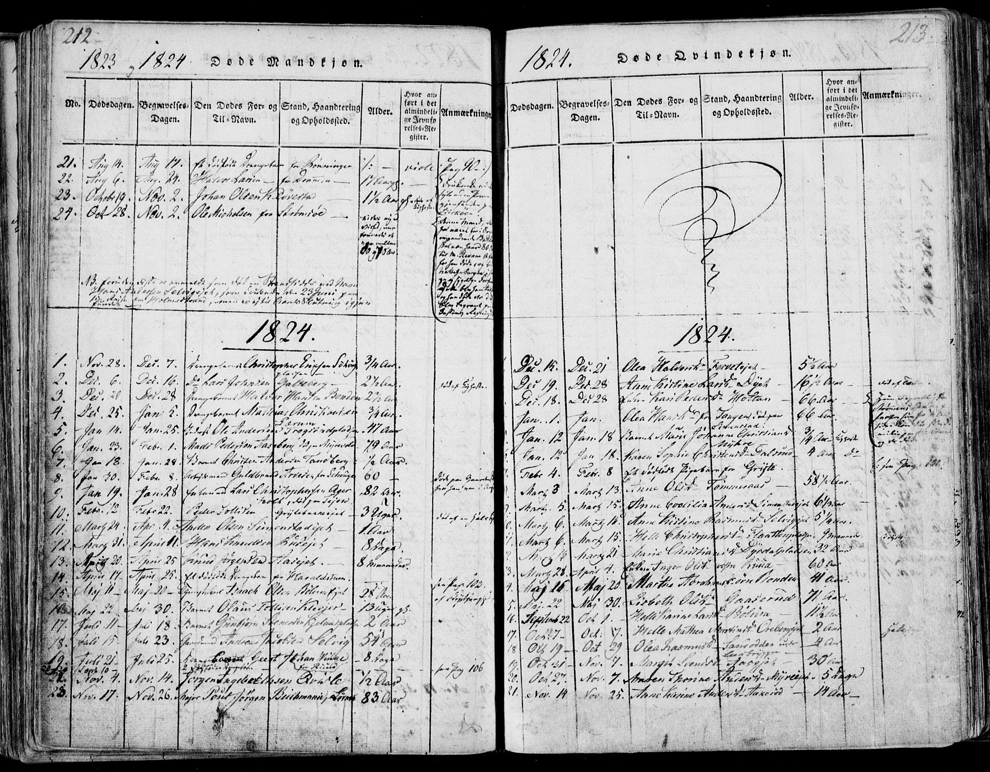 Sande Kirkebøker, AV/SAKO-A-53/F/Fa/L0003: Parish register (official) no. 3, 1814-1847, p. 212-213