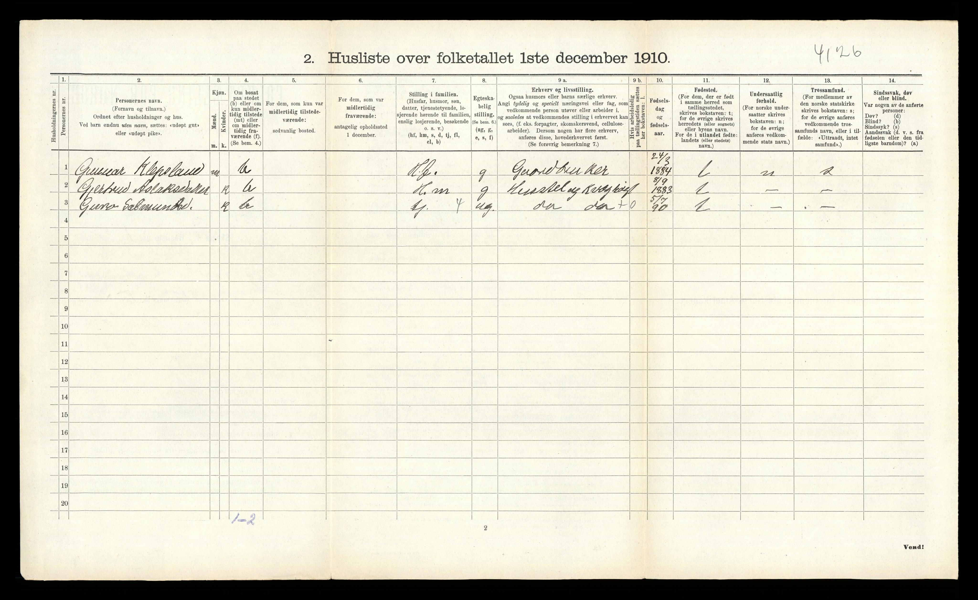 RA, 1910 census for Vegusdal, 1910, p. 96