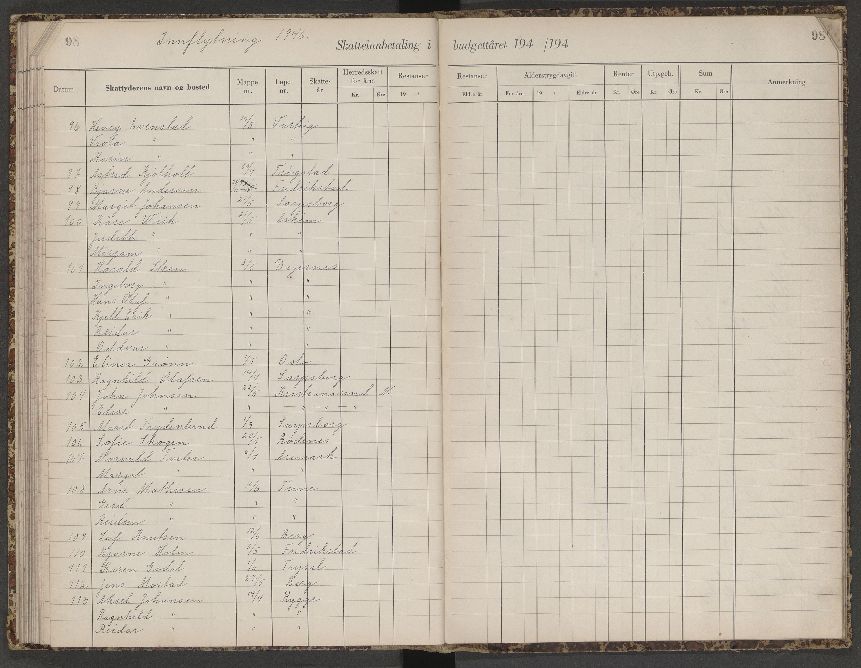 Skjeberg folkeregister, AV/SAO-A-10495/K/Ka/L0003: Fortegnelse over inn- og utflyttede, 1943-1947, p. 98